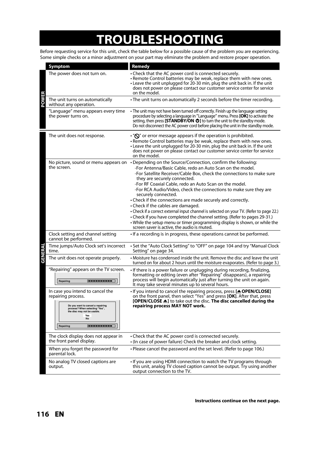 Magnavox MDR533H owner manual Troubleshooting, Symptom Remedy, Repairing process MAY not work 