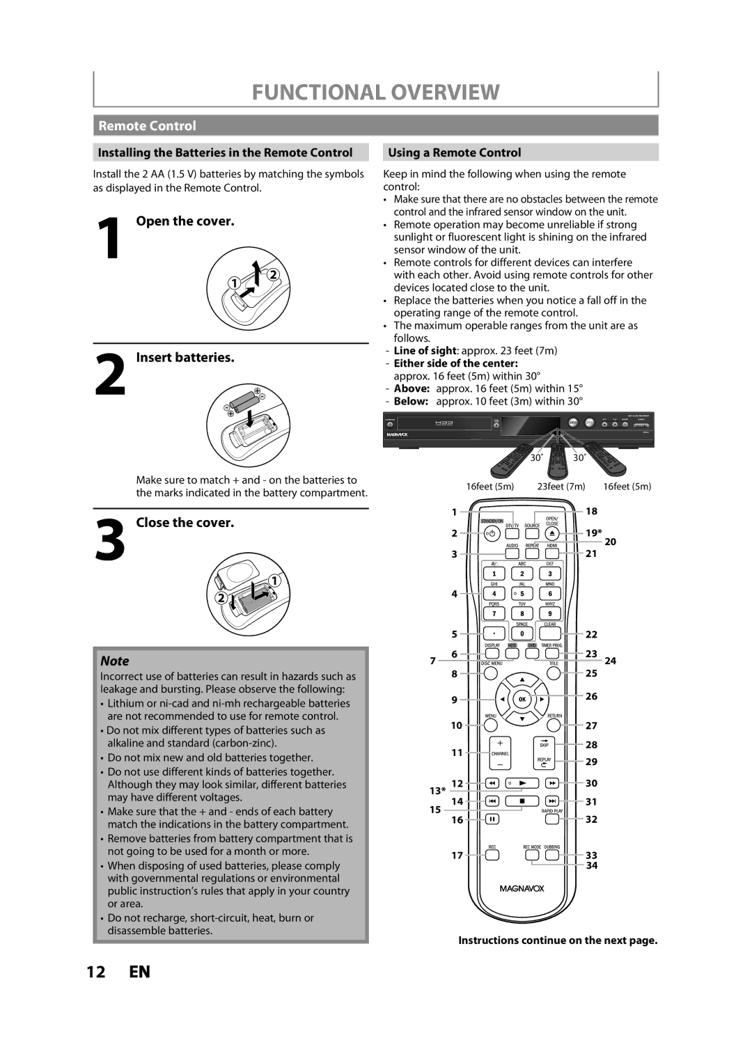 Magnavox MDR533H owner manual Open the cover Insert batteries, Close the cover, Using a Remote Control 