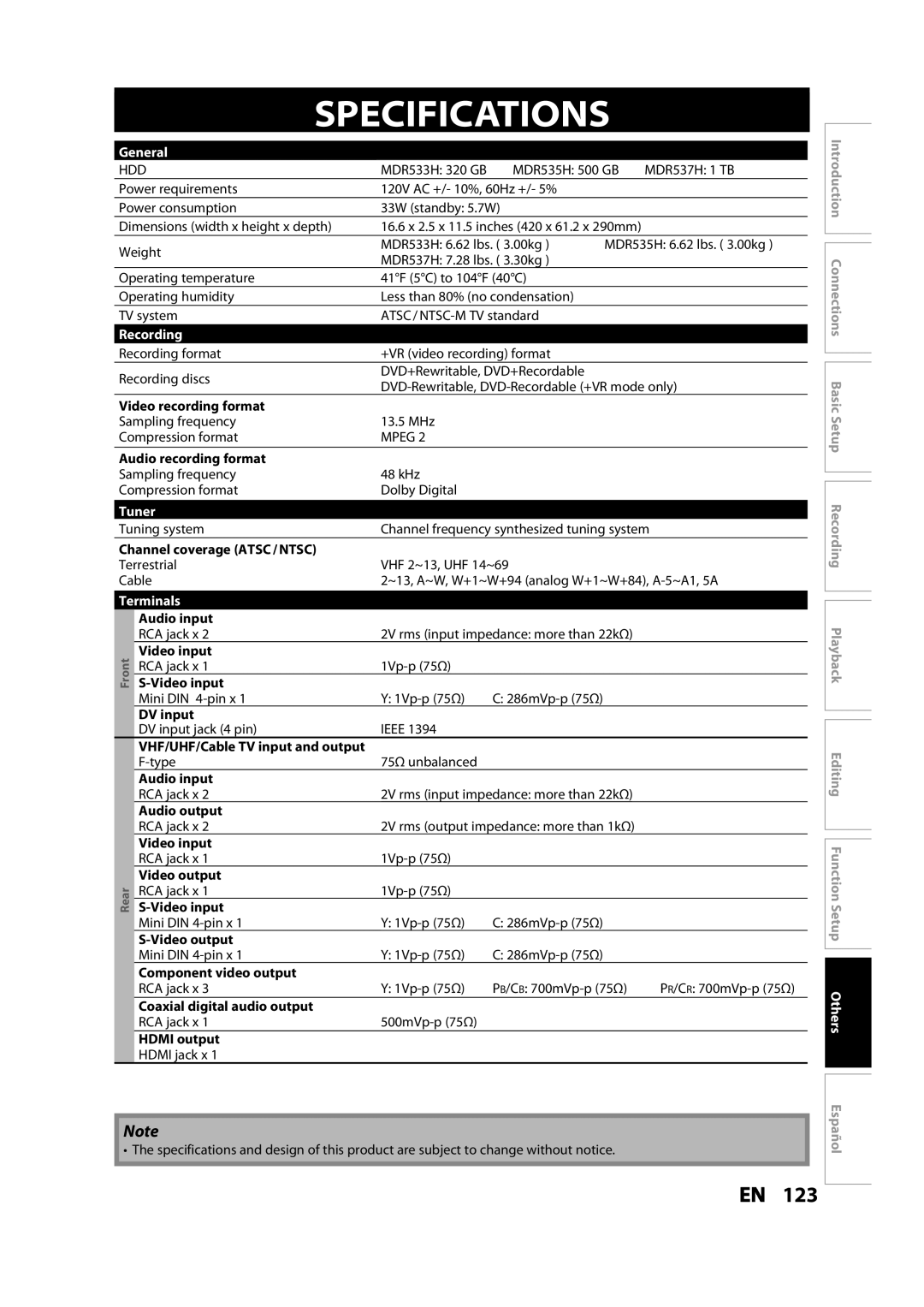 Magnavox MDR533H owner manual Specifications, General, Recording, Tuner, Terminals 