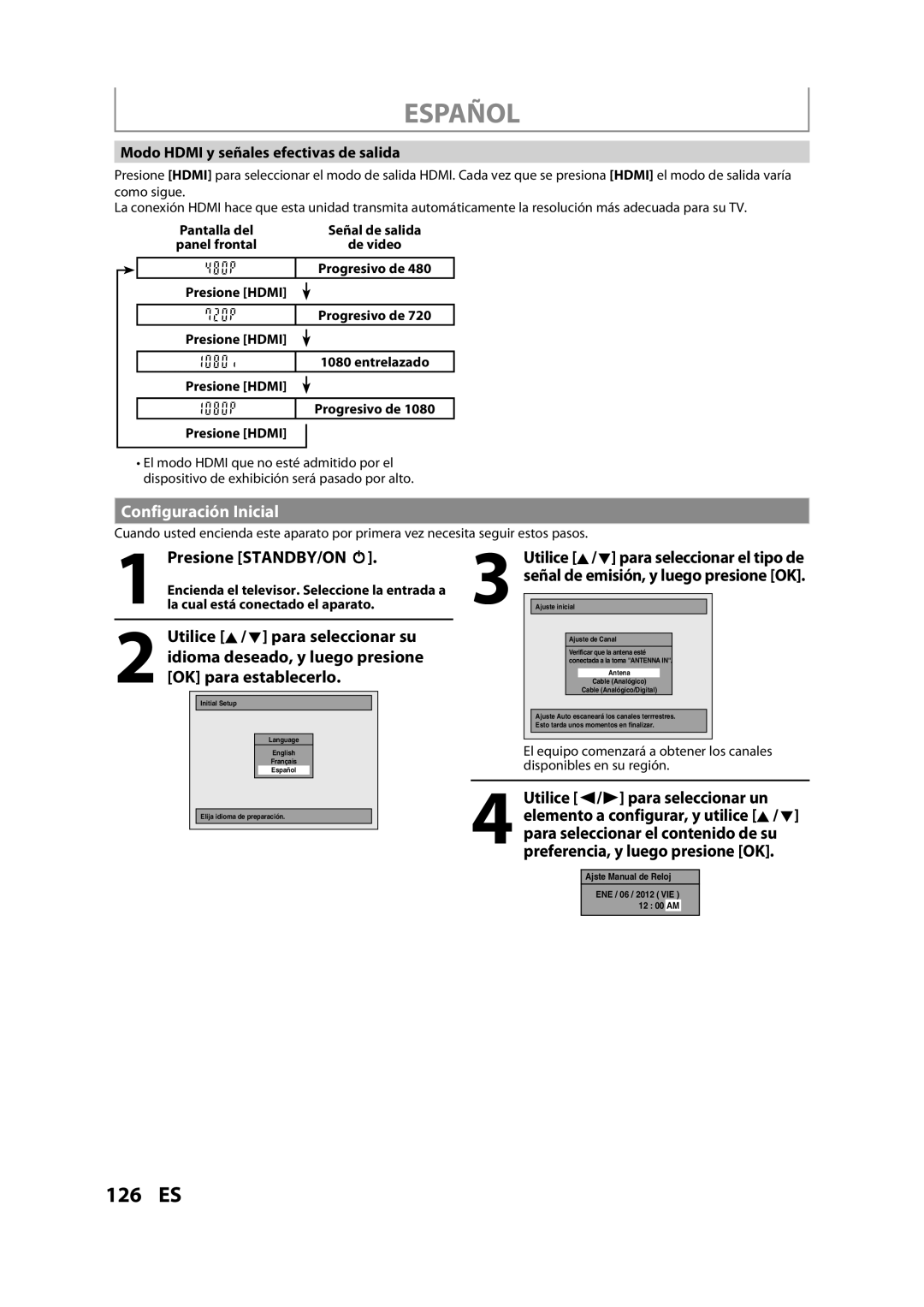 Magnavox MDR533H owner manual Español, Configuración Inicial, Presione STANDBY/ON y, Utilice / B para seleccionar un 