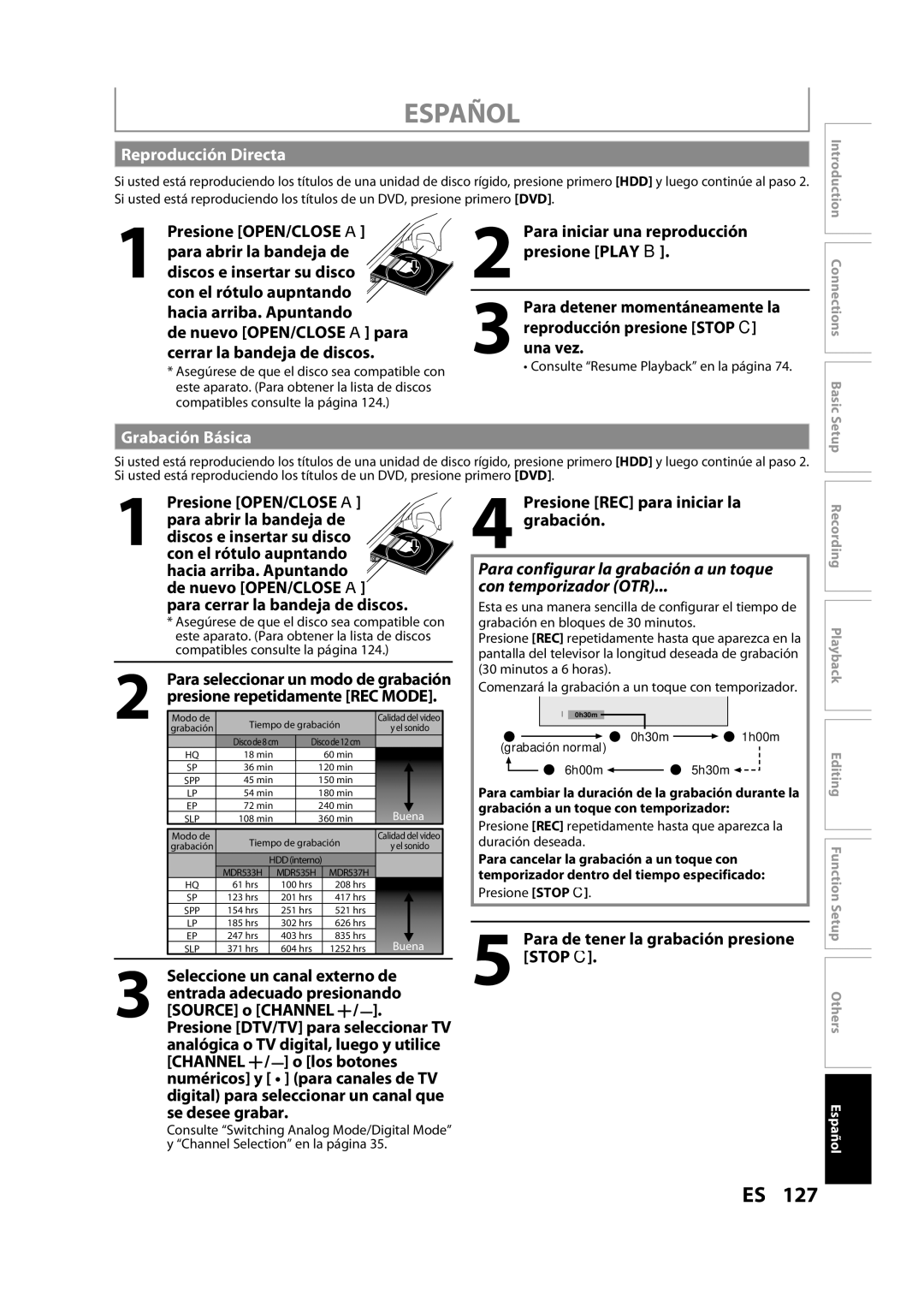 Magnavox MDR533H owner manual Reproducción Directa, Grabación Básica 