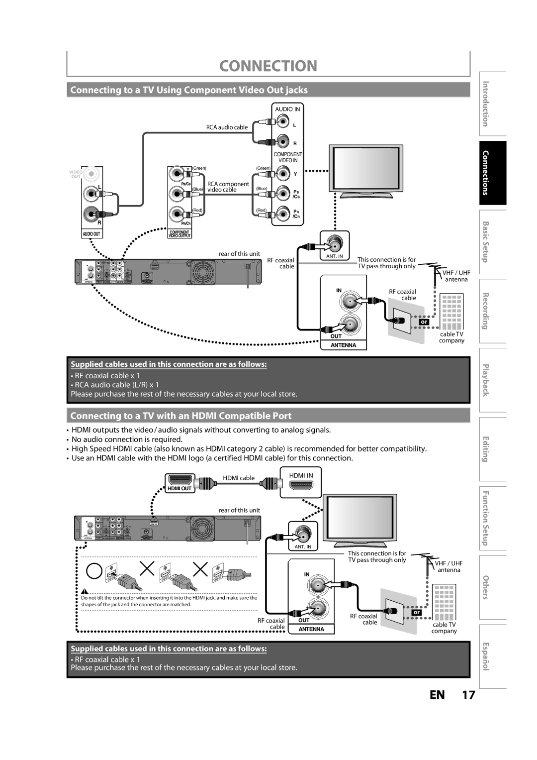 Magnavox MDR533H Connecting to a TV Using Component Video Out jacks, Connecting to a TV with an Hdmi Compatible Port 