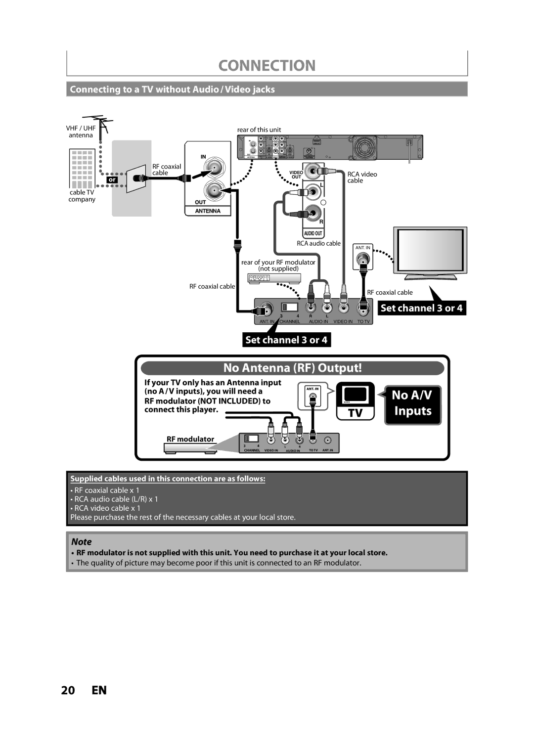 Magnavox MDR533H owner manual No Antenna RF Output, Connecting to a TV without Audio / Video jacks 