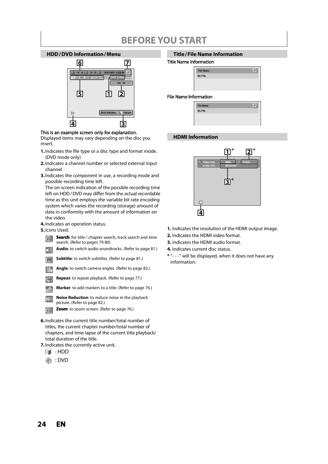 Magnavox MDR533H owner manual HDD / DVD Information / Menu, Title / File Name Information, Hdmi Information 