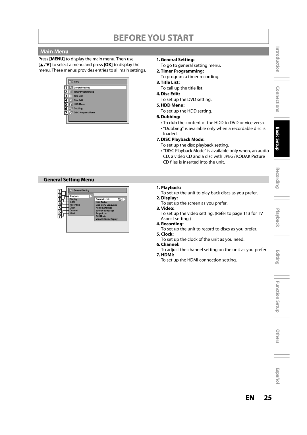 Magnavox MDR533H owner manual Main Menu, General Setting Menu 