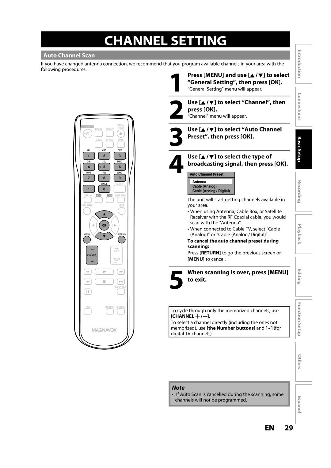 Magnavox MDR533H owner manual Channel Setting, Auto Channel Scan 