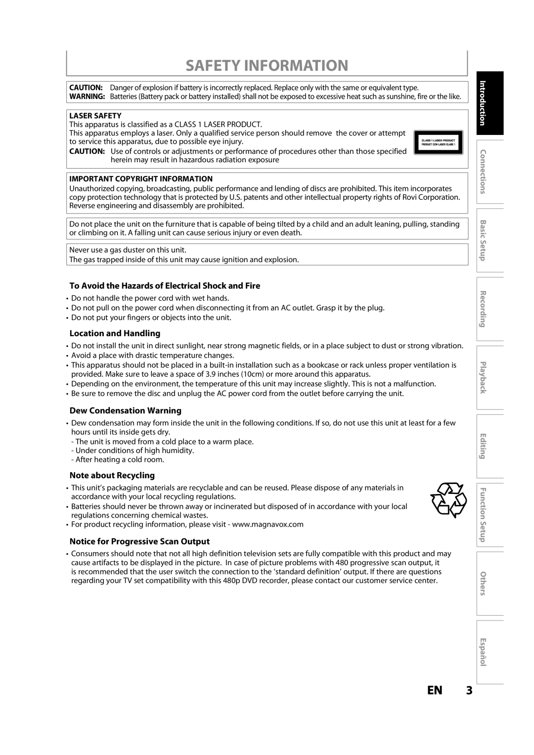 Magnavox MDR533H owner manual Safety Information, To Avoid the Hazards of Electrical Shock and Fire, Location and Handling 