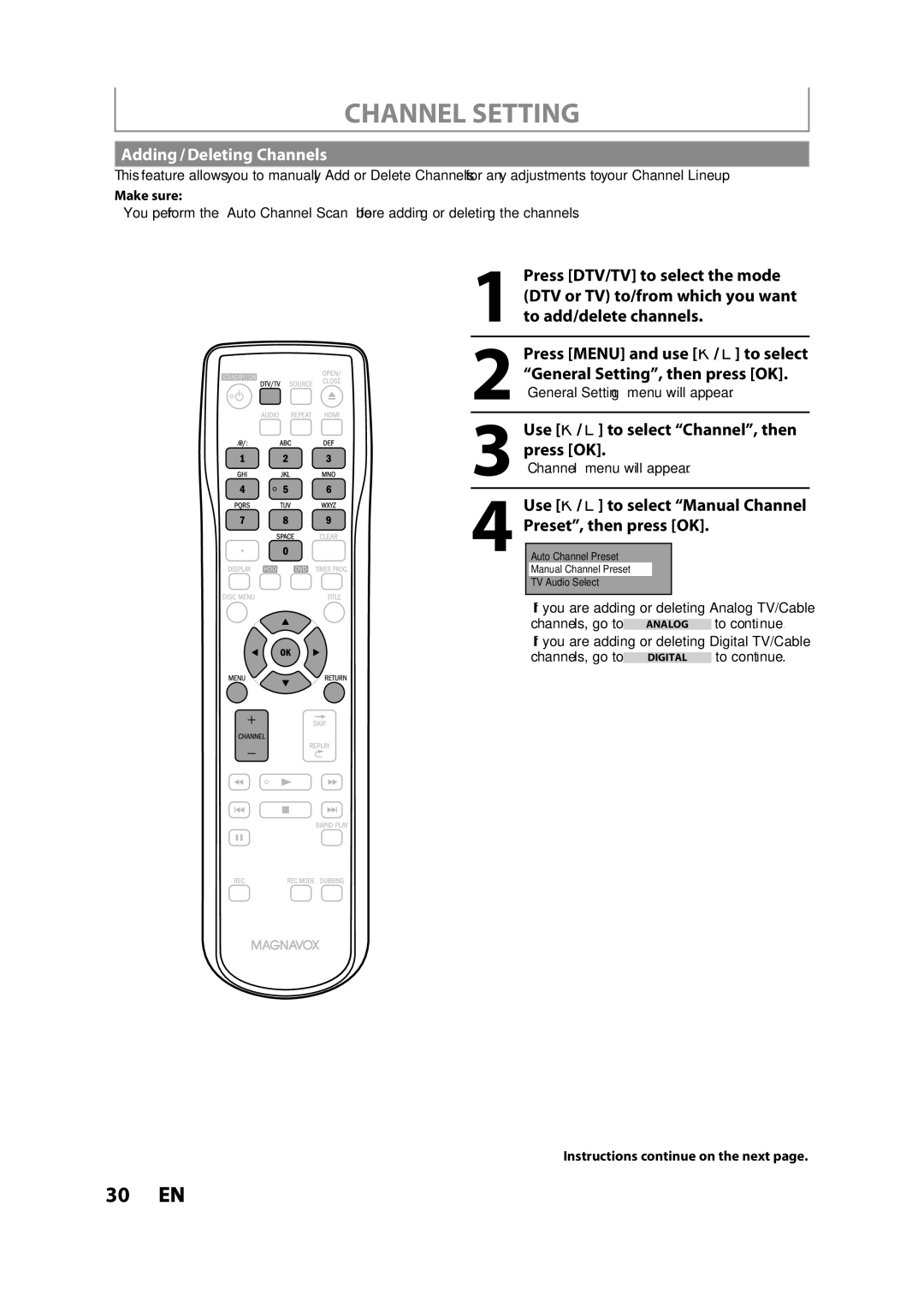 Magnavox MDR533H owner manual Channel Setting, Adding / Deleting Channels, Use K / L to select Channel, then press OK 