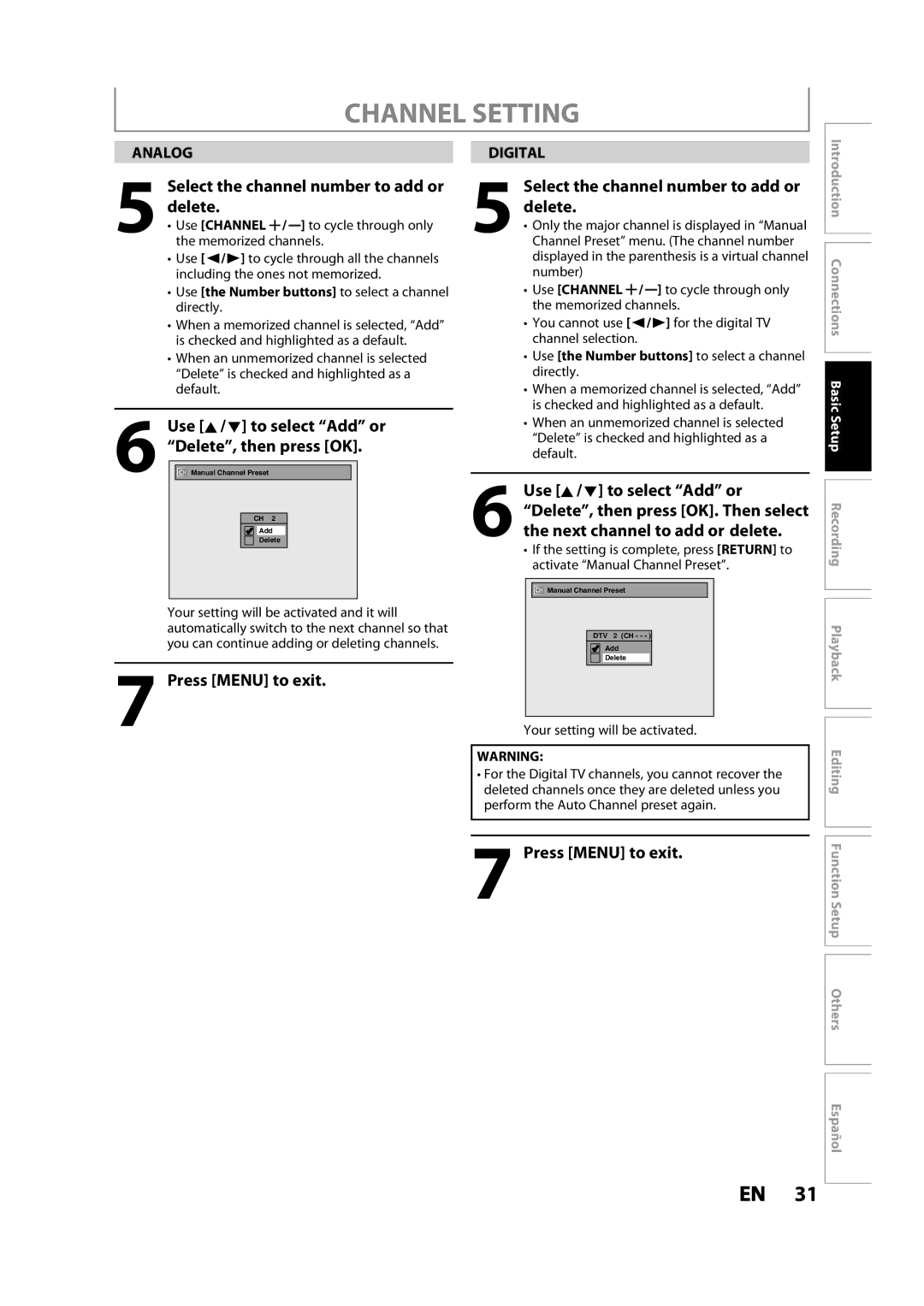 Magnavox MDR533H owner manual Select the channel number to add or delete, Use K / L to select Add or, Delete, then press OK 