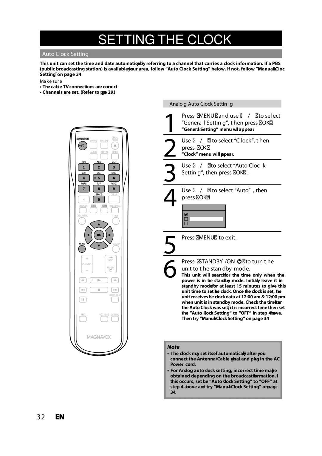 Magnavox MDR533H owner manual Setting the Clock, Auto Clock Setting 