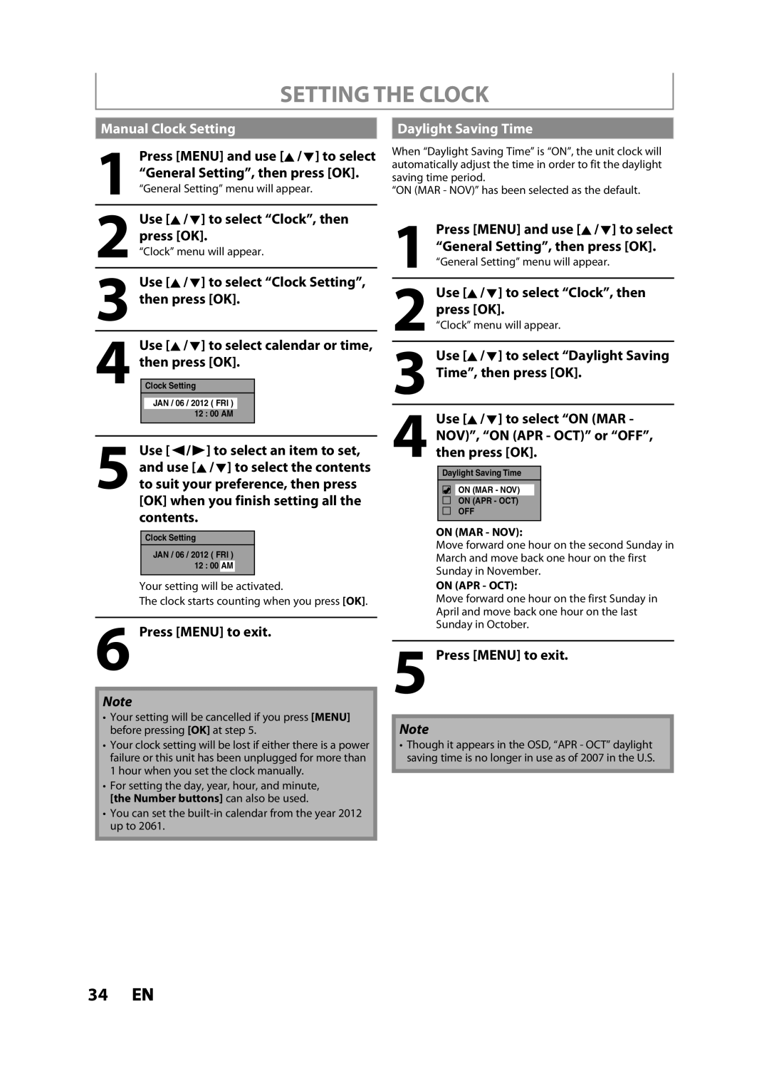 Magnavox MDR533H owner manual Manual Clock Setting, Daylight Saving Time 