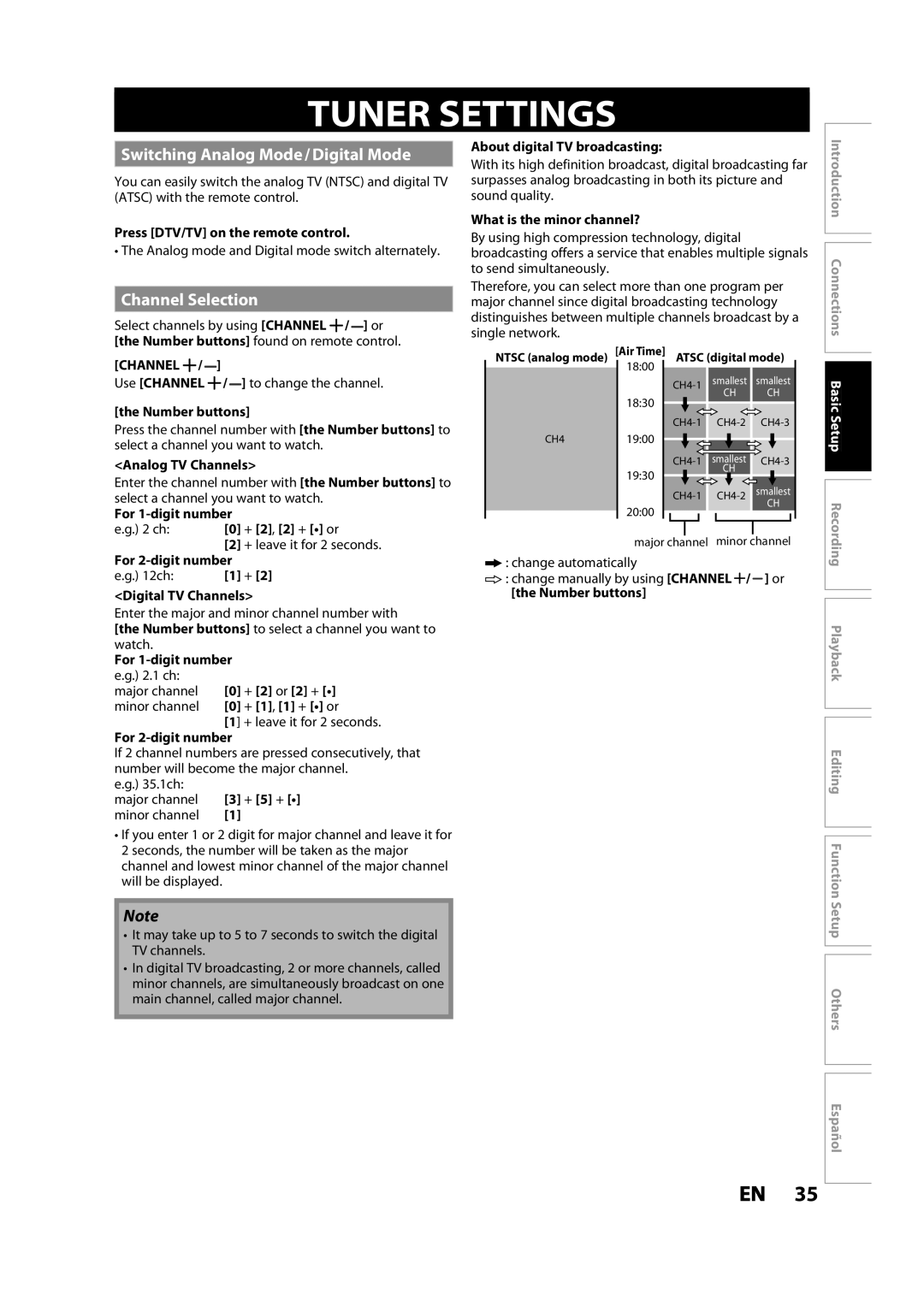 Magnavox MDR533H owner manual Tuner Settings, Switching Analog Mode / Digital Mode, Channel Selection 