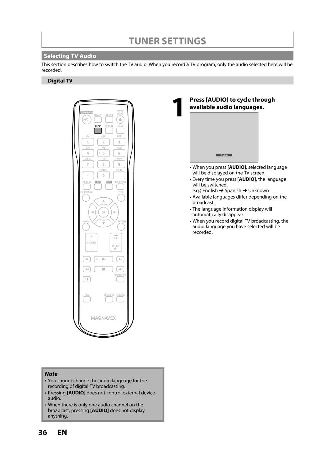 Magnavox MDR533H owner manual Tuner Settings, Selecting TV Audio 