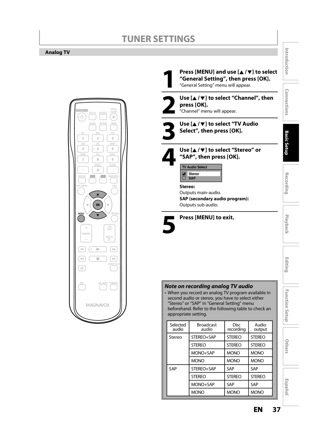 Magnavox MDR533H Use K / L to select TV Audio, Select, then press OK, Use K / L to select Stereo or, SAP, then press OK 