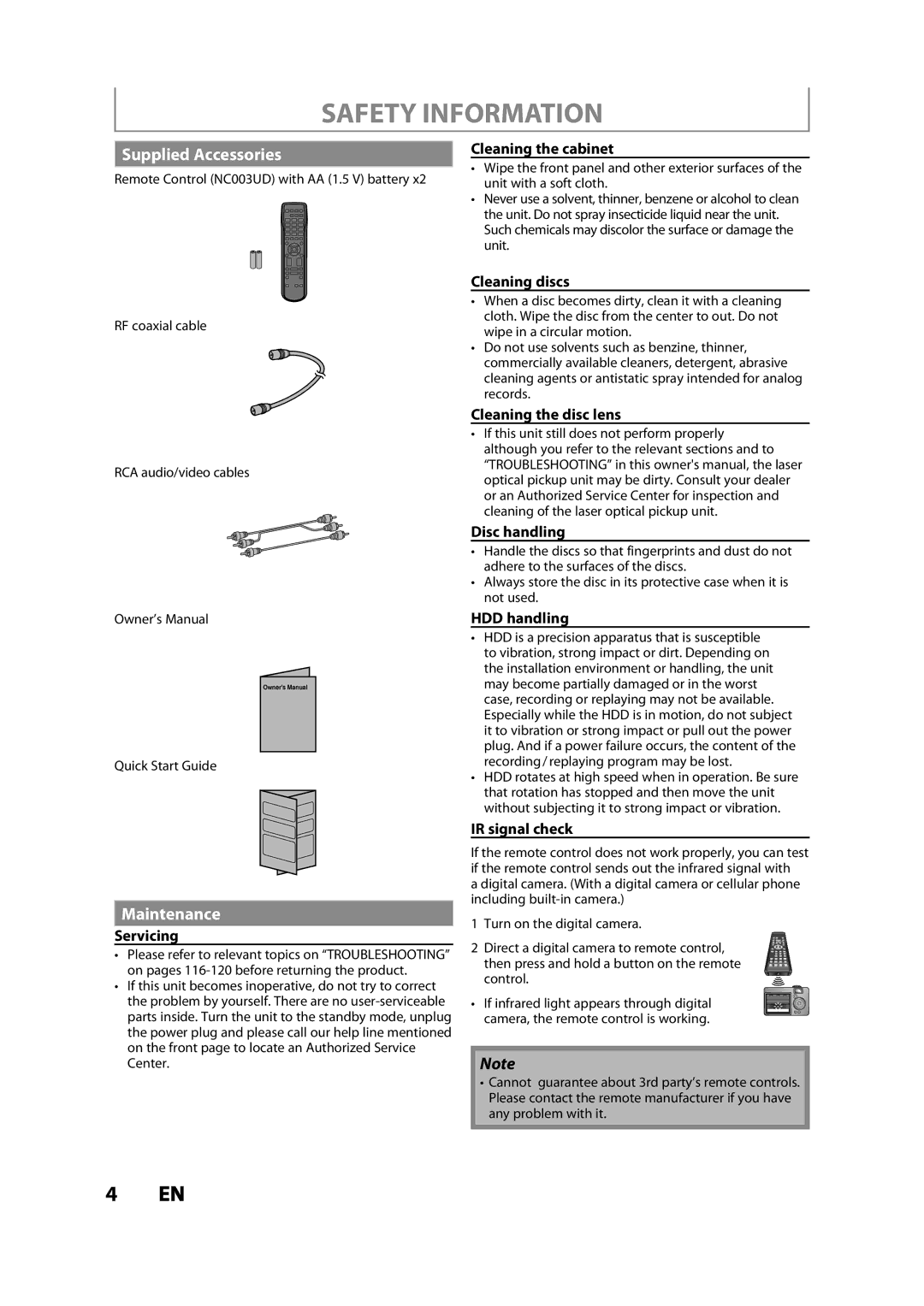 Magnavox MDR533H owner manual Supplied Accessories, Maintenance 