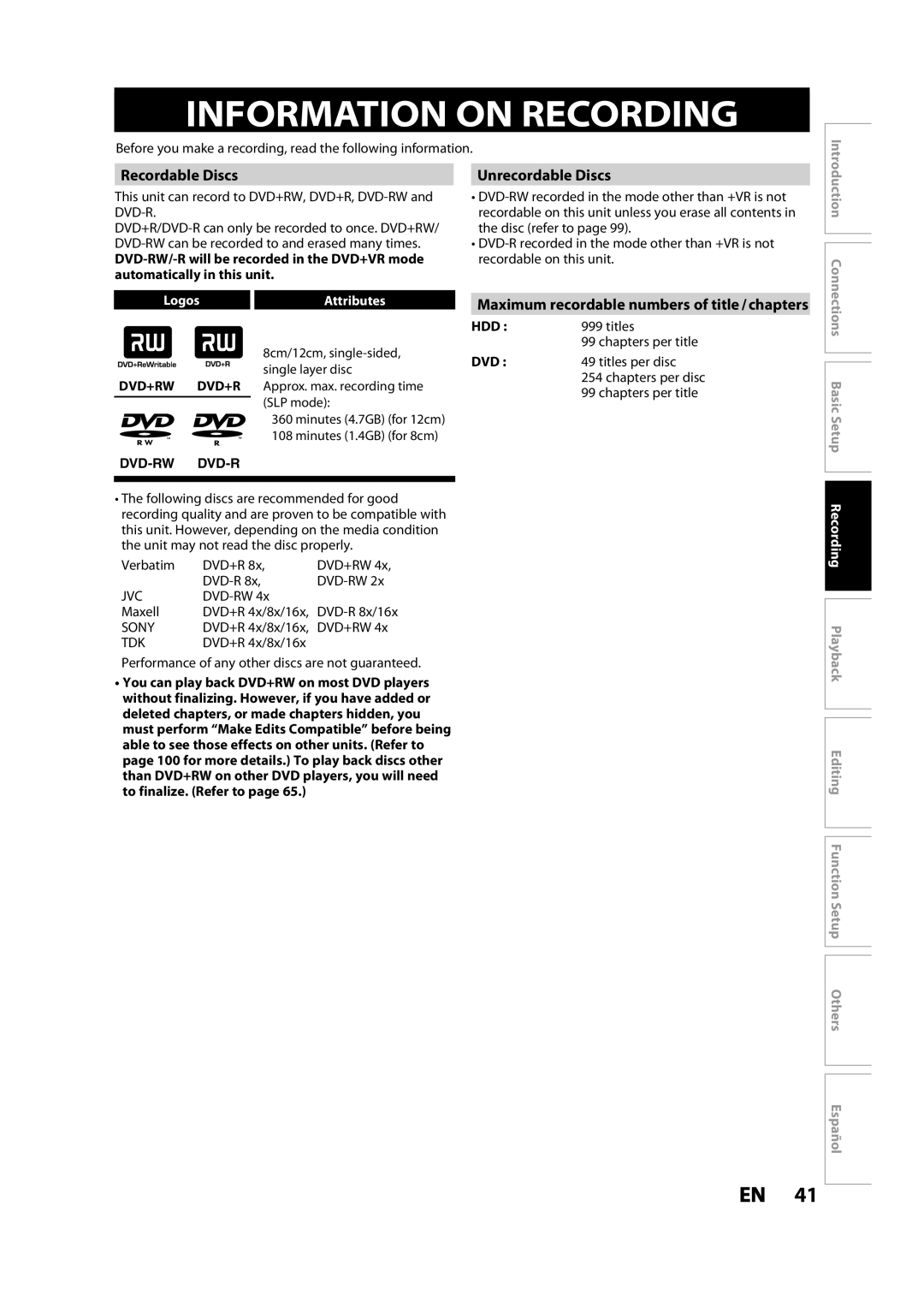 Magnavox MDR533H owner manual Information on Recording, Recordable Discs, Unrecordable Discs, LogosAttributes 