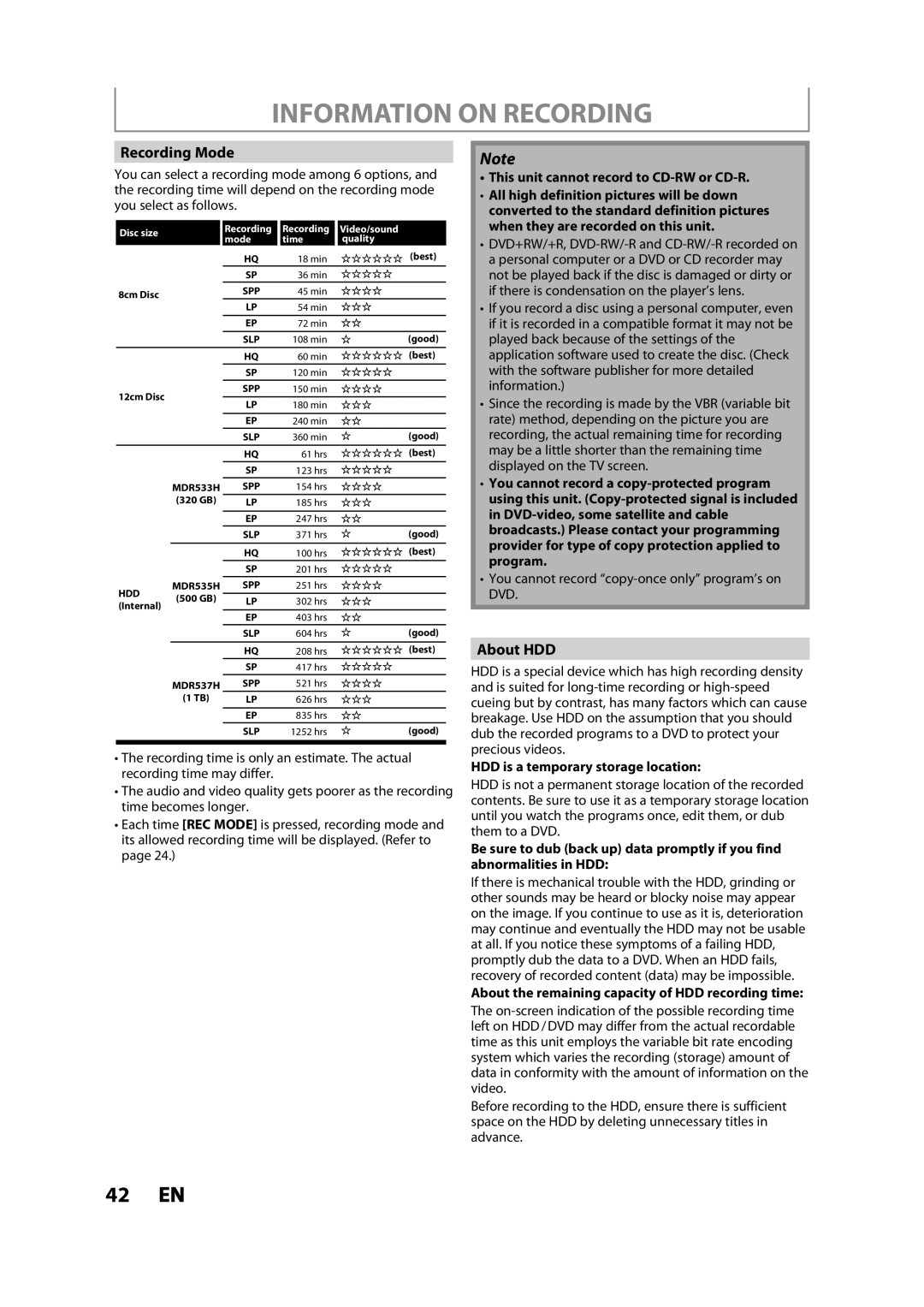 Magnavox MDR533H owner manual Information on Recording, Recording Mode, About HDD 