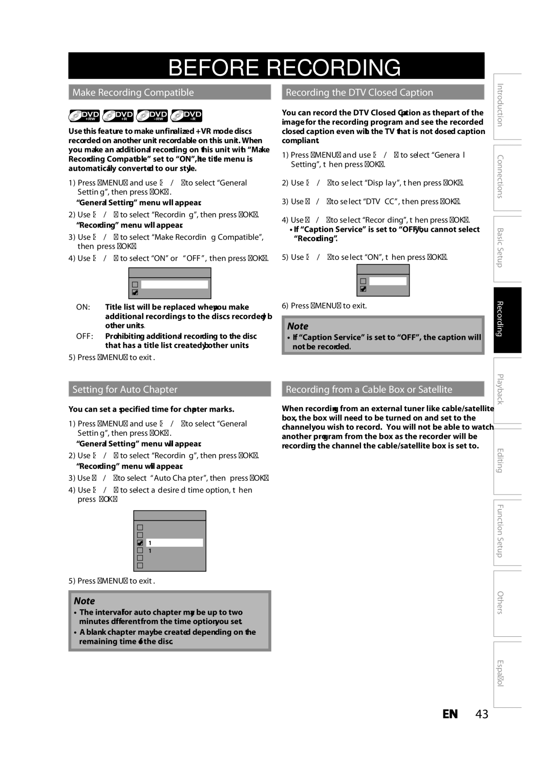 Magnavox MDR533H Before Recording, Make Recording Compatible Recording the DTV Closed Caption, Setting for Auto Chapter 