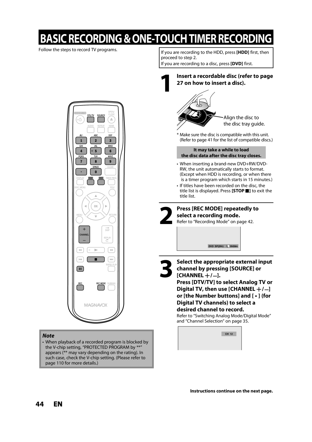 Magnavox MDR533H On how to insert a disc, Press REC Mode repeatedly to Select a recording mode, Refer to Recording Mode on 