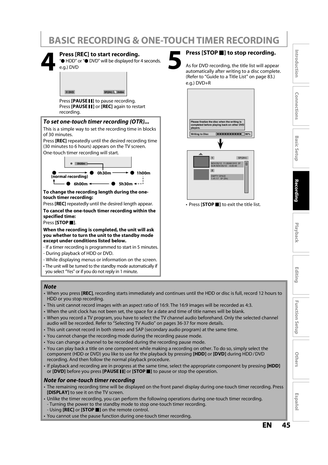 Magnavox MDR533H owner manual Press REC to start recording, Press Stop C to stop recording, Setup Recording 