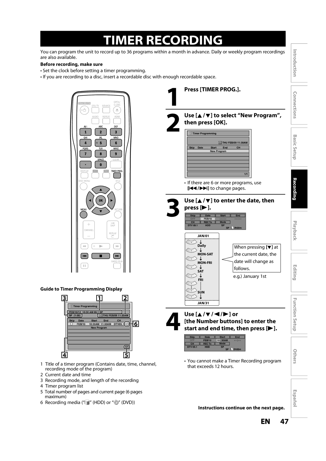 Magnavox MDR533H Timer Recording, Press Timer Prog, Use K/ L to enter the date, then press B, Use K/ L / s/ B or 