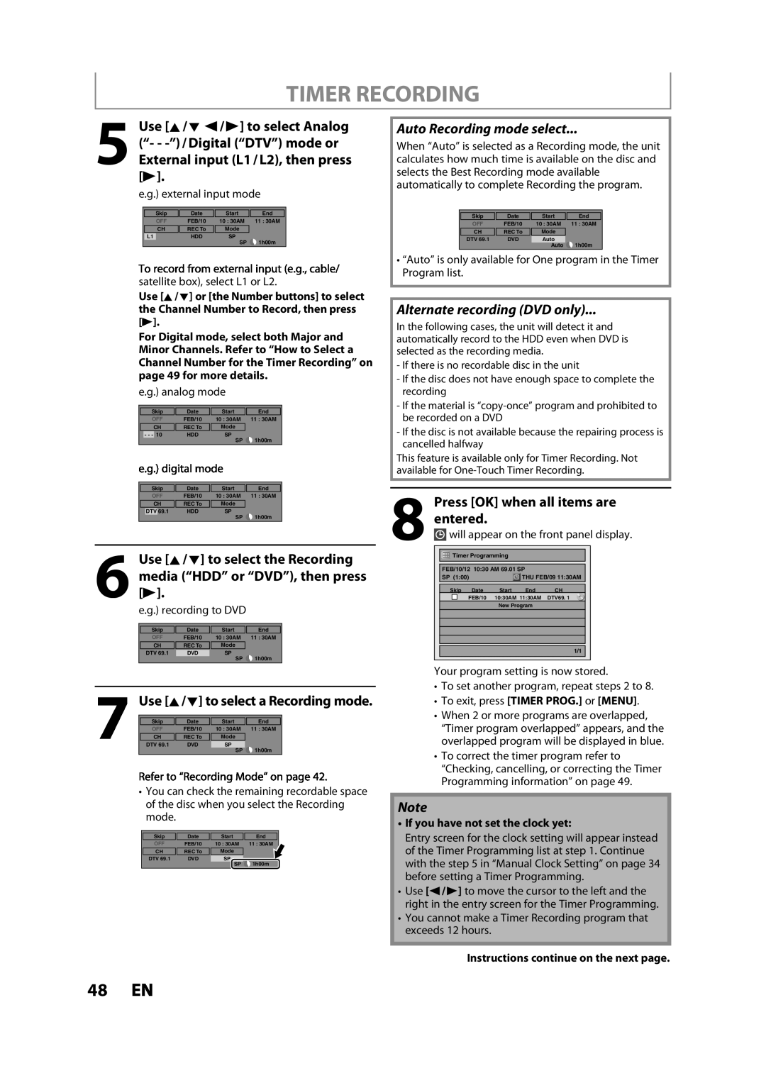 Magnavox MDR533H owner manual Timer Recording, Press OK when all items are entered, Use K/L to select a Recording mode 