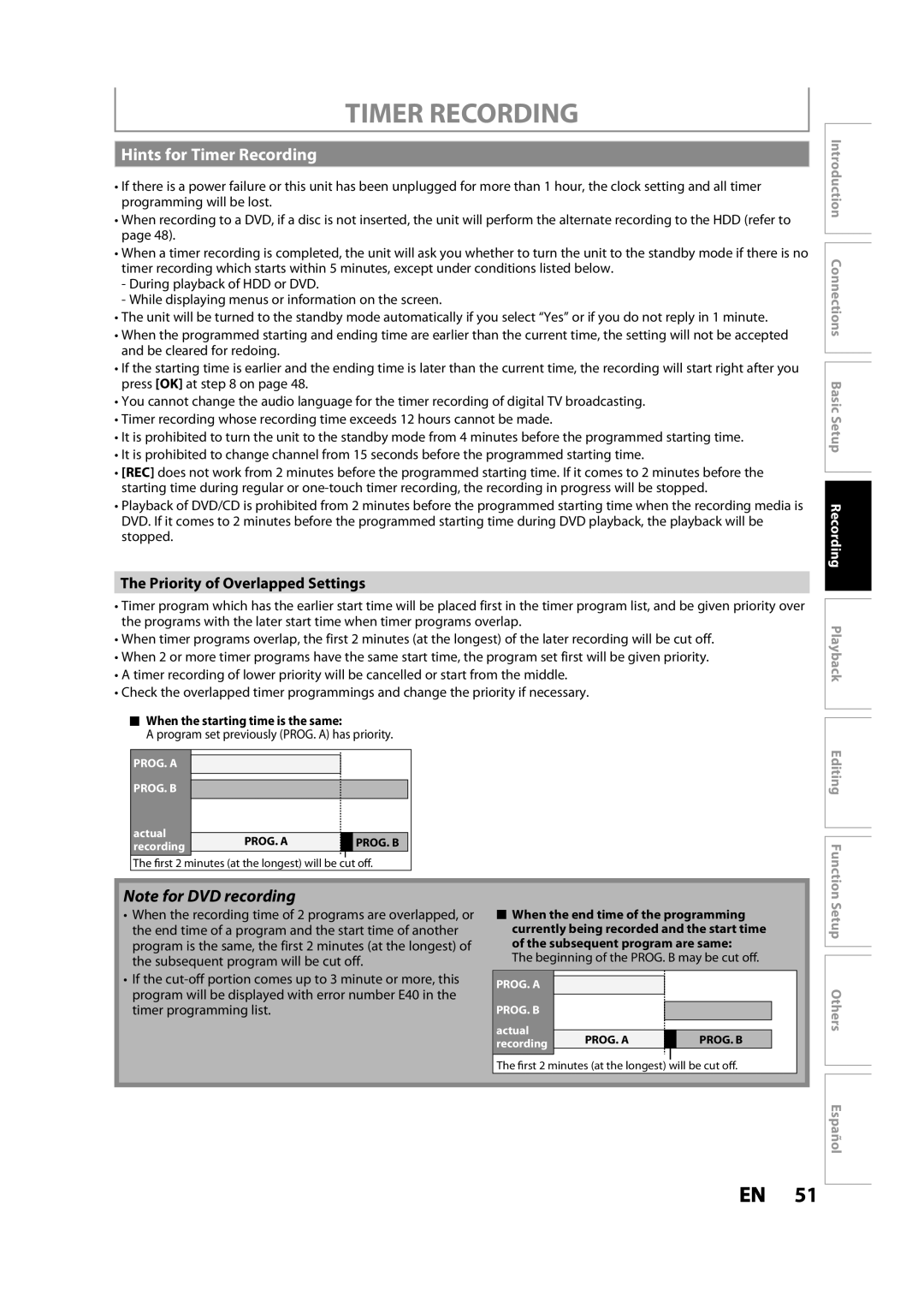 Magnavox MDR533H owner manual Hints for Timer Recording, Priority of Overlapped Settings 