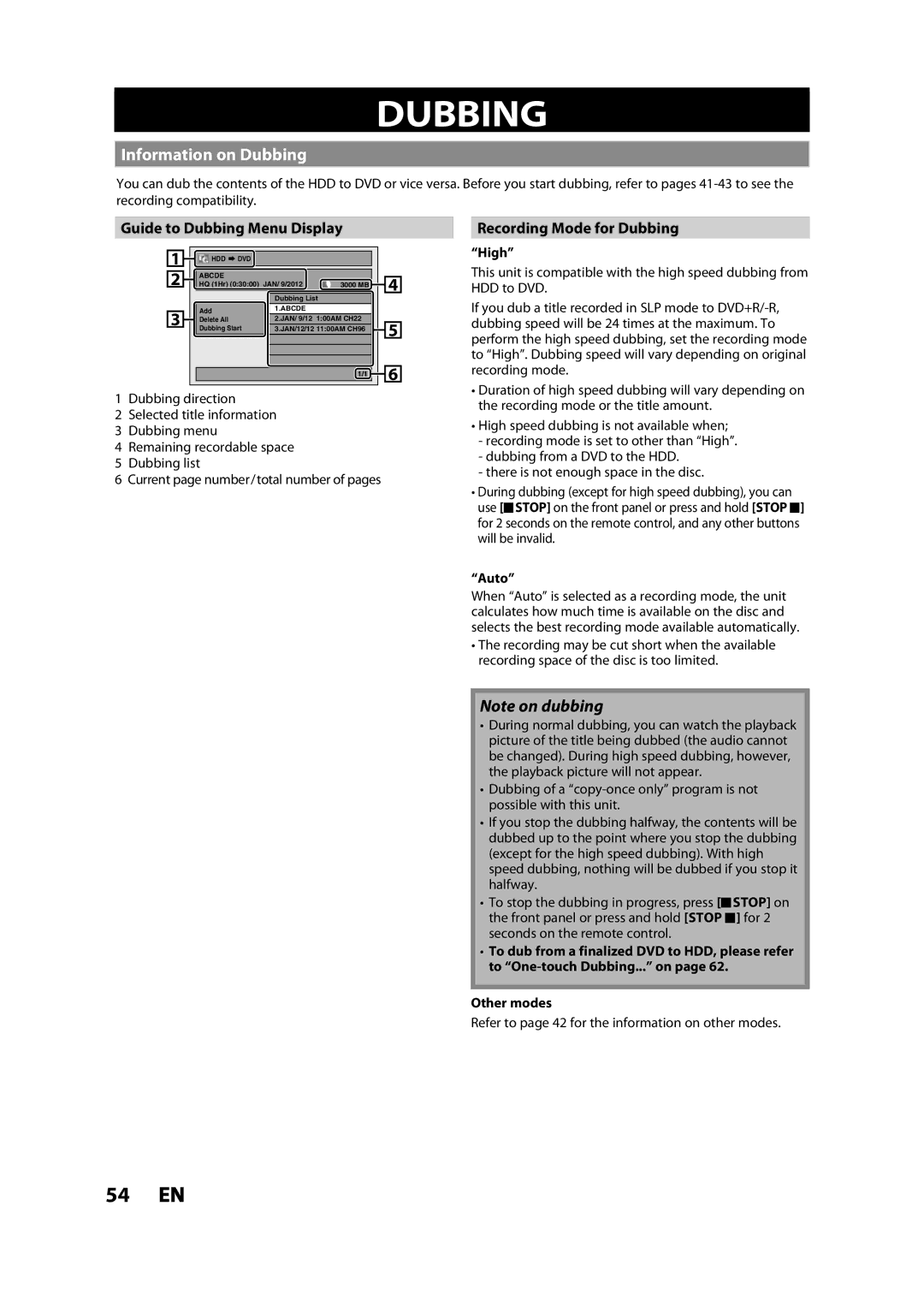 Magnavox MDR533H owner manual Information on Dubbing, Guide to Dubbing Menu Display, Recording Mode for Dubbing 