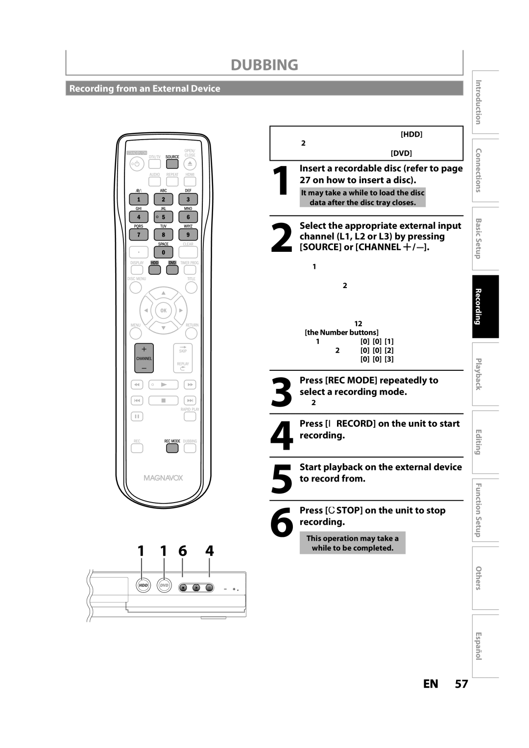 Magnavox MDR533H owner manual Recording from an External Device 