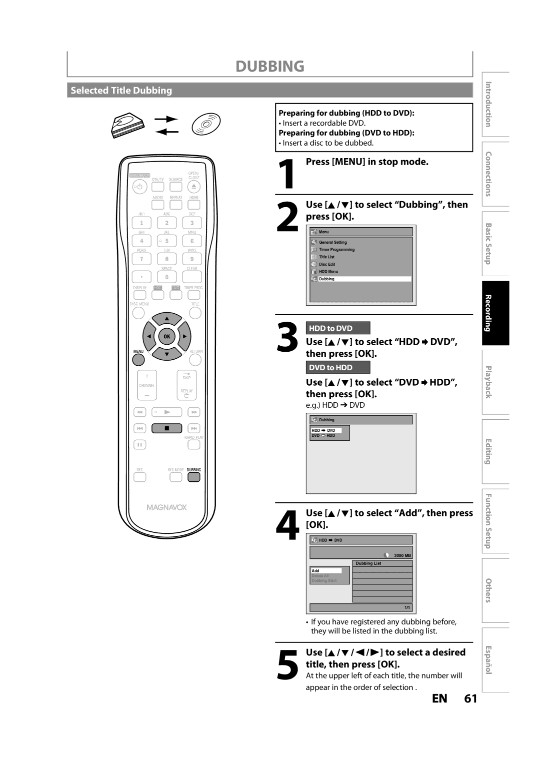 Magnavox MDR533H owner manual Selected Title Dubbing, Use K / L to select HDD DVD, then press OK, Title, then press OK 