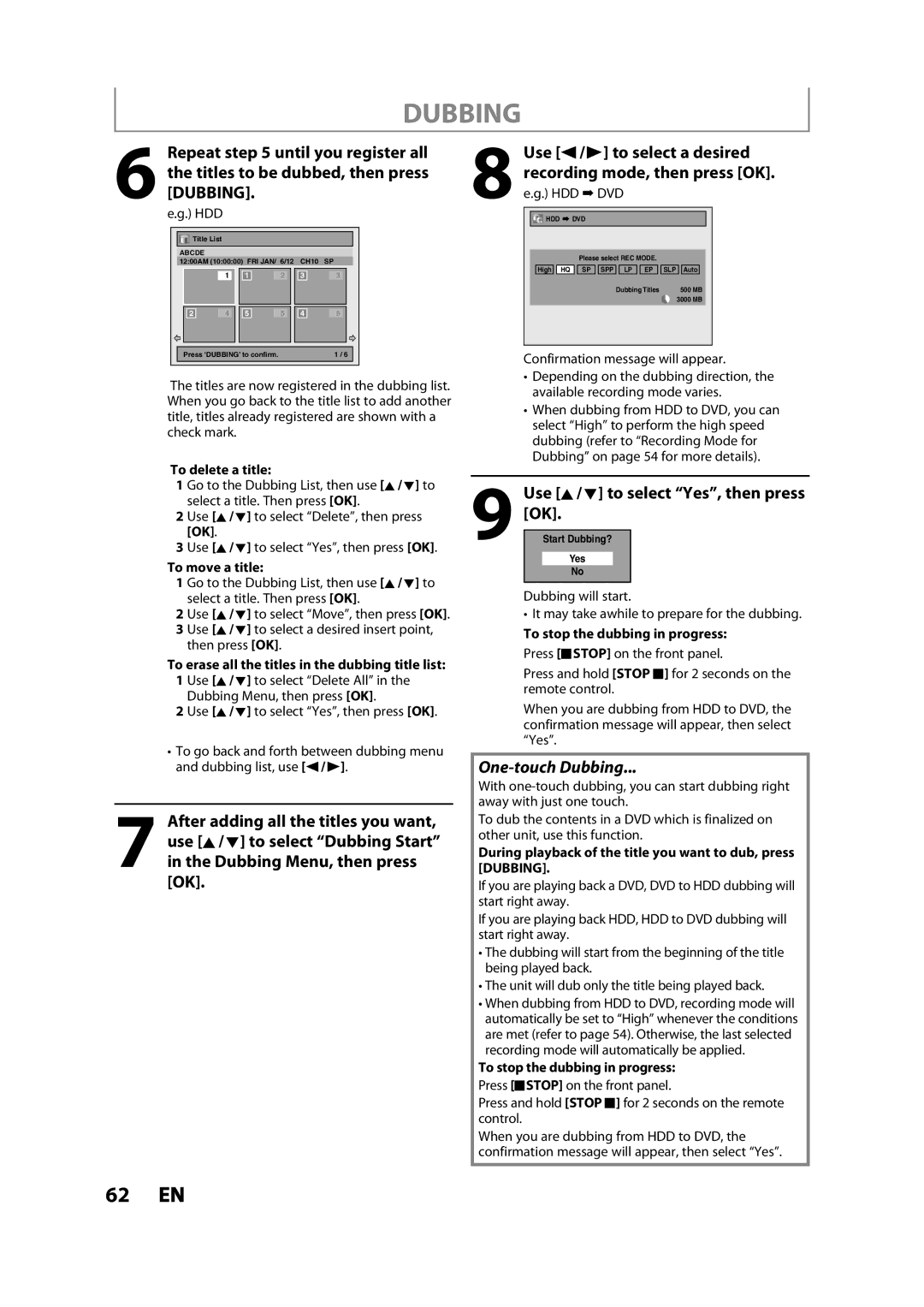 Magnavox MDR533H Use s / B to select a desired, Recording mode, then press OK, Use K/ L to select Yes, then press 