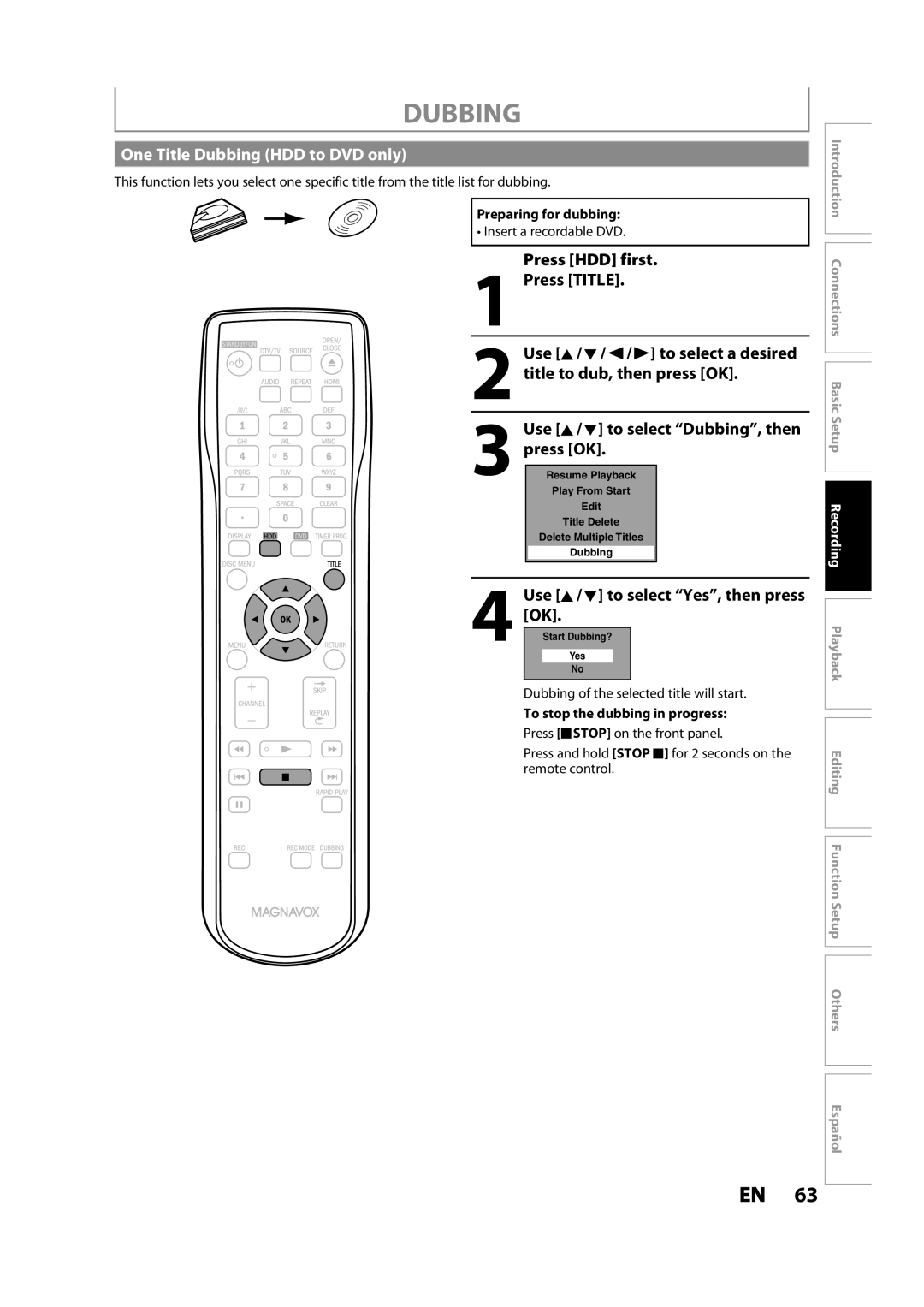 Magnavox MDR533H owner manual One Title Dubbing HDD to DVD only, Press HDD first Press Title, Title to dub, then press OK 