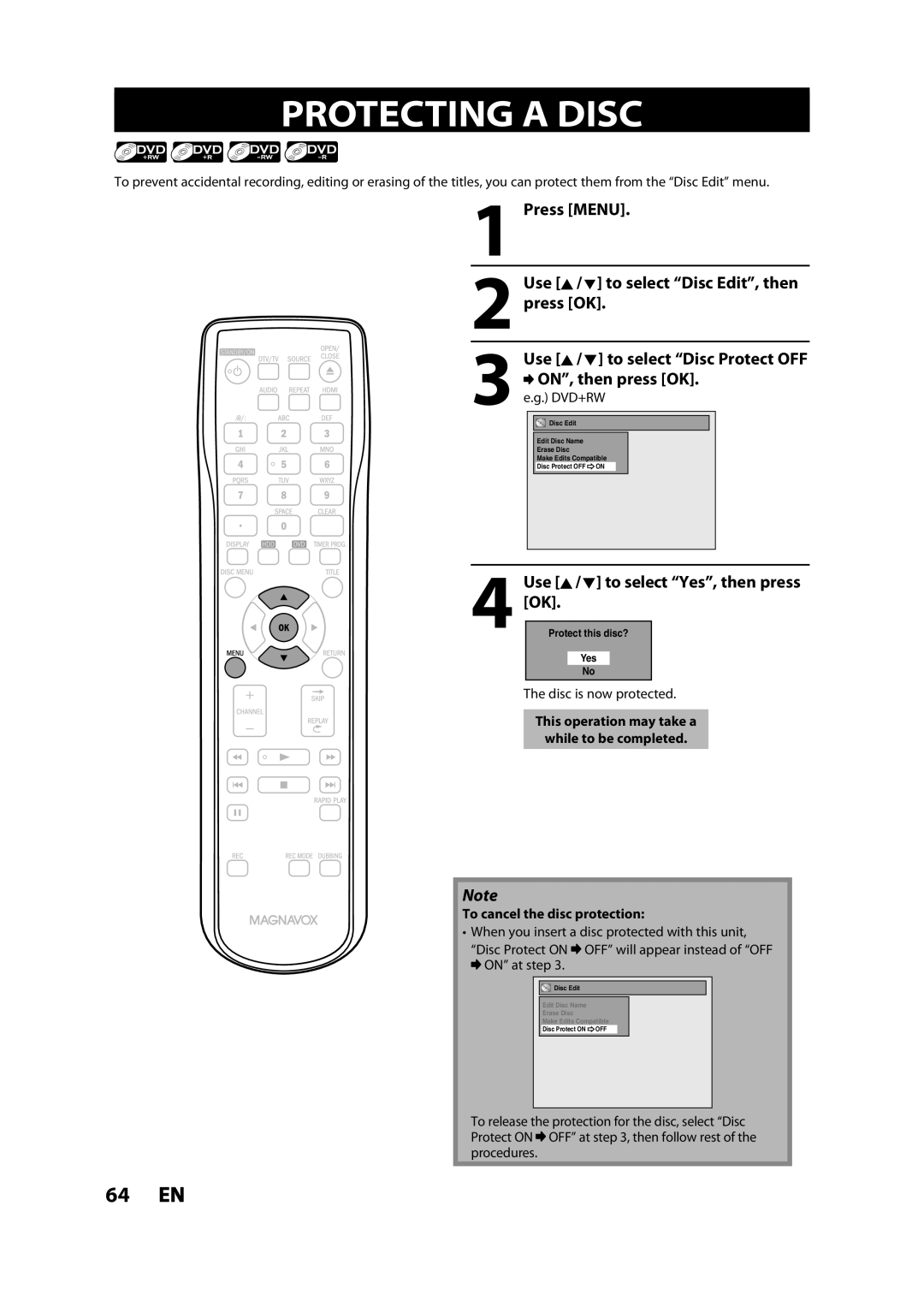 Magnavox MDR533H owner manual Protecting a Disc, Press Menu, ON, then press OK, Use K / L to select Disc Edit, then 