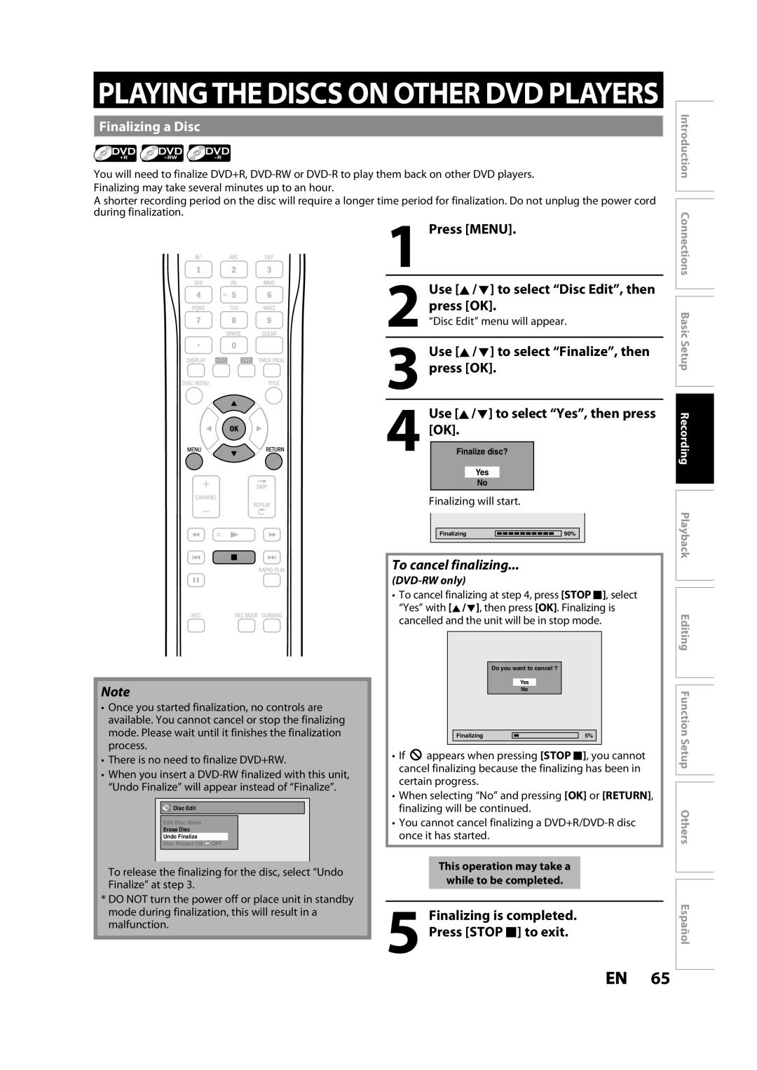 Magnavox MDR533H owner manual Finalizing a Disc, Use K/ L to select Finalize, then press OK, Finalizing will start 