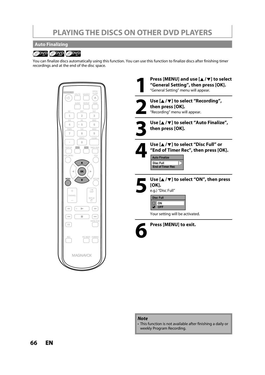 Magnavox MDR533H owner manual Playing the Discs on Other DVD Players, Auto Finalizing, Use K/ L to select Recording 