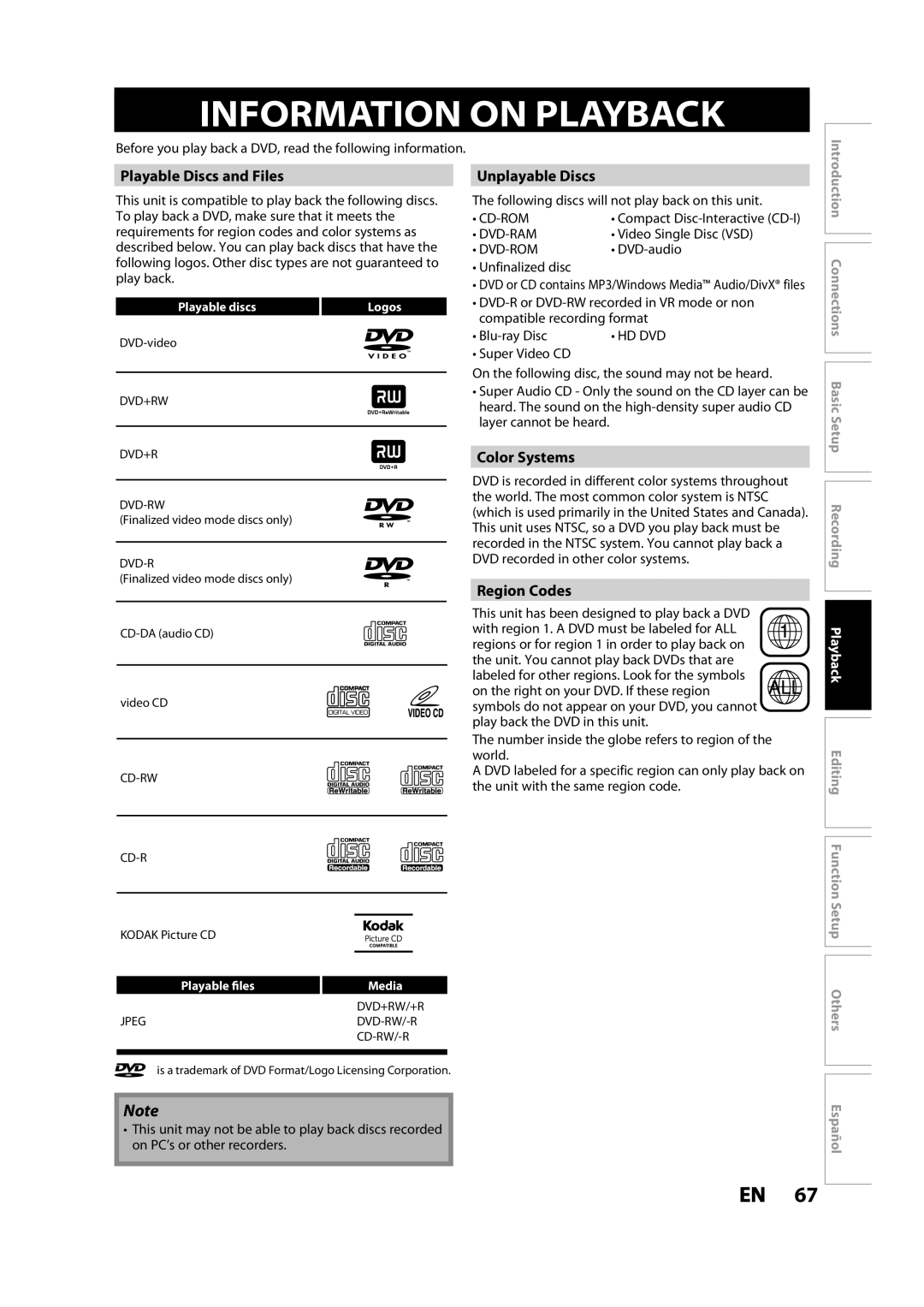 Magnavox MDR533H Information on Playback, Playable Discs and Files, Unplayable Discs, Color Systems, Region Codes 