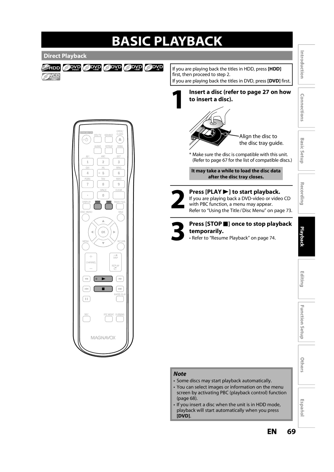 Magnavox MDR533H owner manual Basic Playback, To insert a disc, Temporarily, Insert a disc refer To page 27 on how 