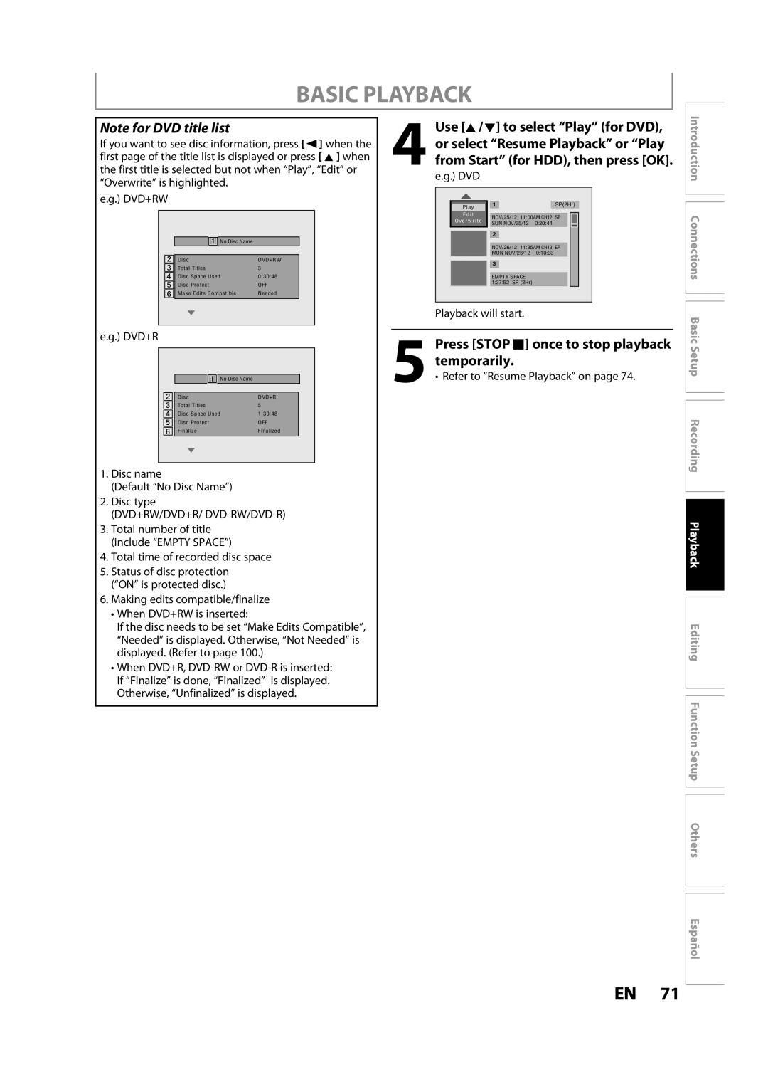 Magnavox MDR533H owner manual Press Stop C once to stop playback Temporarily, Playback 