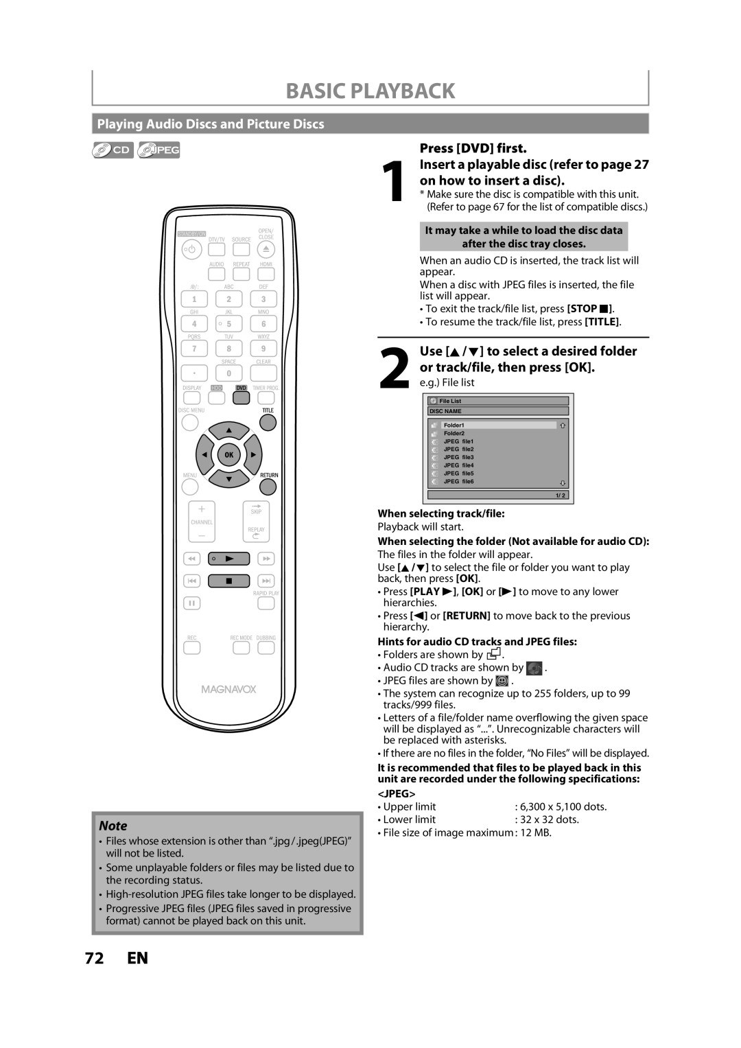 Magnavox MDR533H owner manual Playing Audio Discs and Picture Discs, Press DVD first, Or track/file, then press OK 