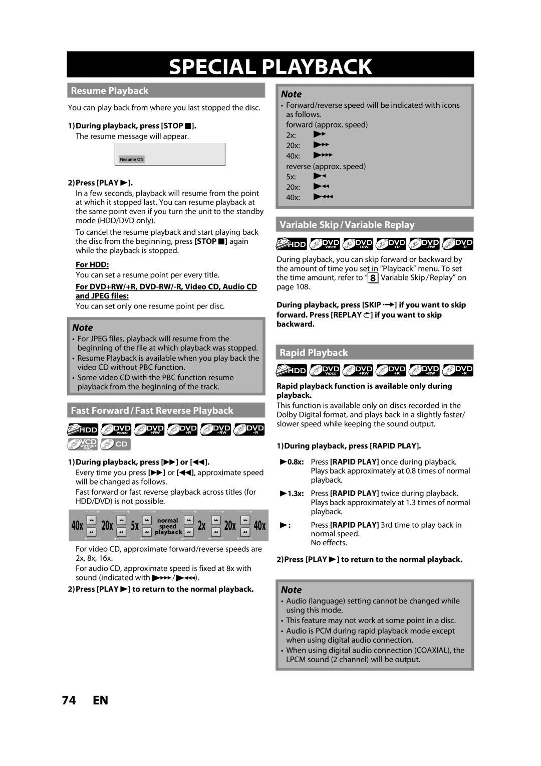 Magnavox MDR533H Special Playback, Resume Playback, Fast Forward / Fast Reverse Playback, Variable Skip / Variable Replay 