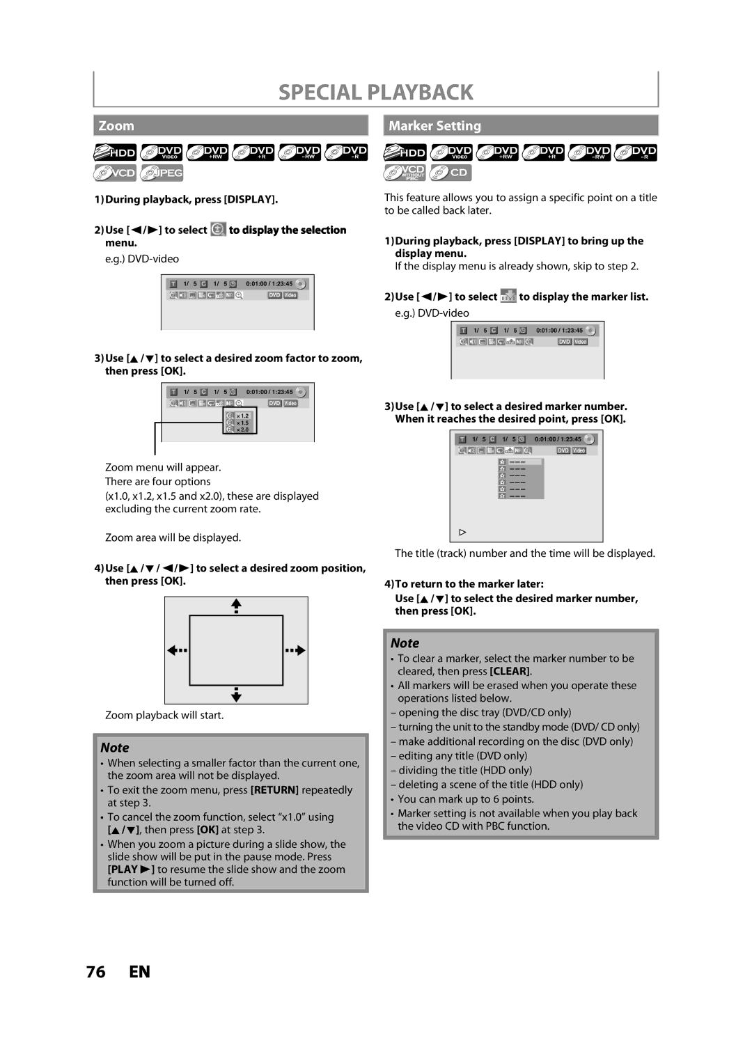 Magnavox MDR533H owner manual Zoom Marker Setting, During playback, press Display Use / B to select menu 