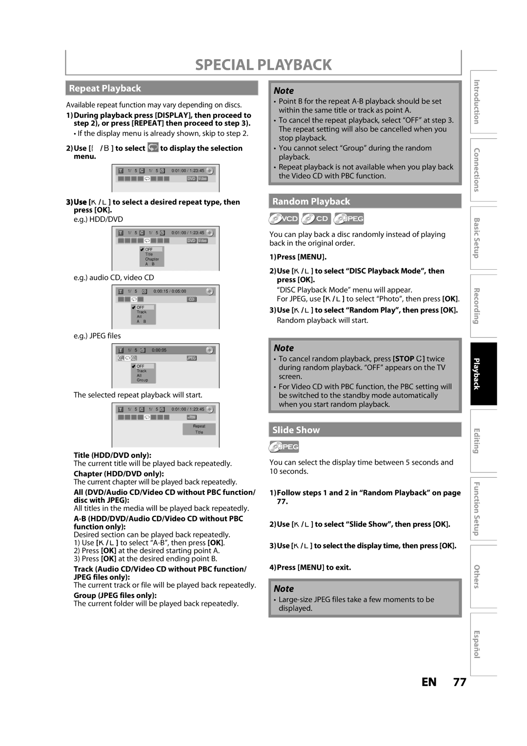 Magnavox MDR533H owner manual Repeat Playback, Random Playback, Slide Show 