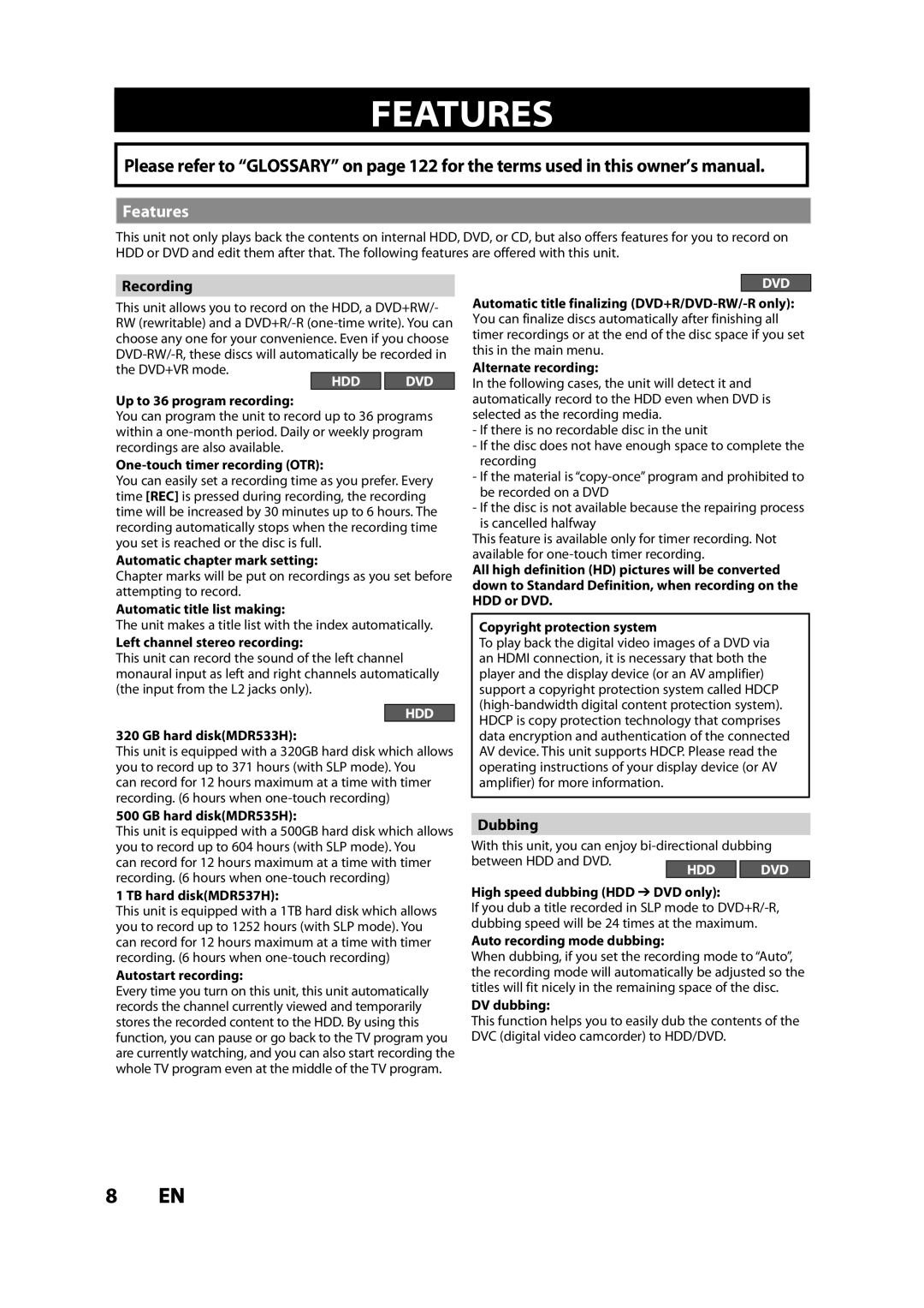 Magnavox MDR533H owner manual Features, Recording, Dubbing 