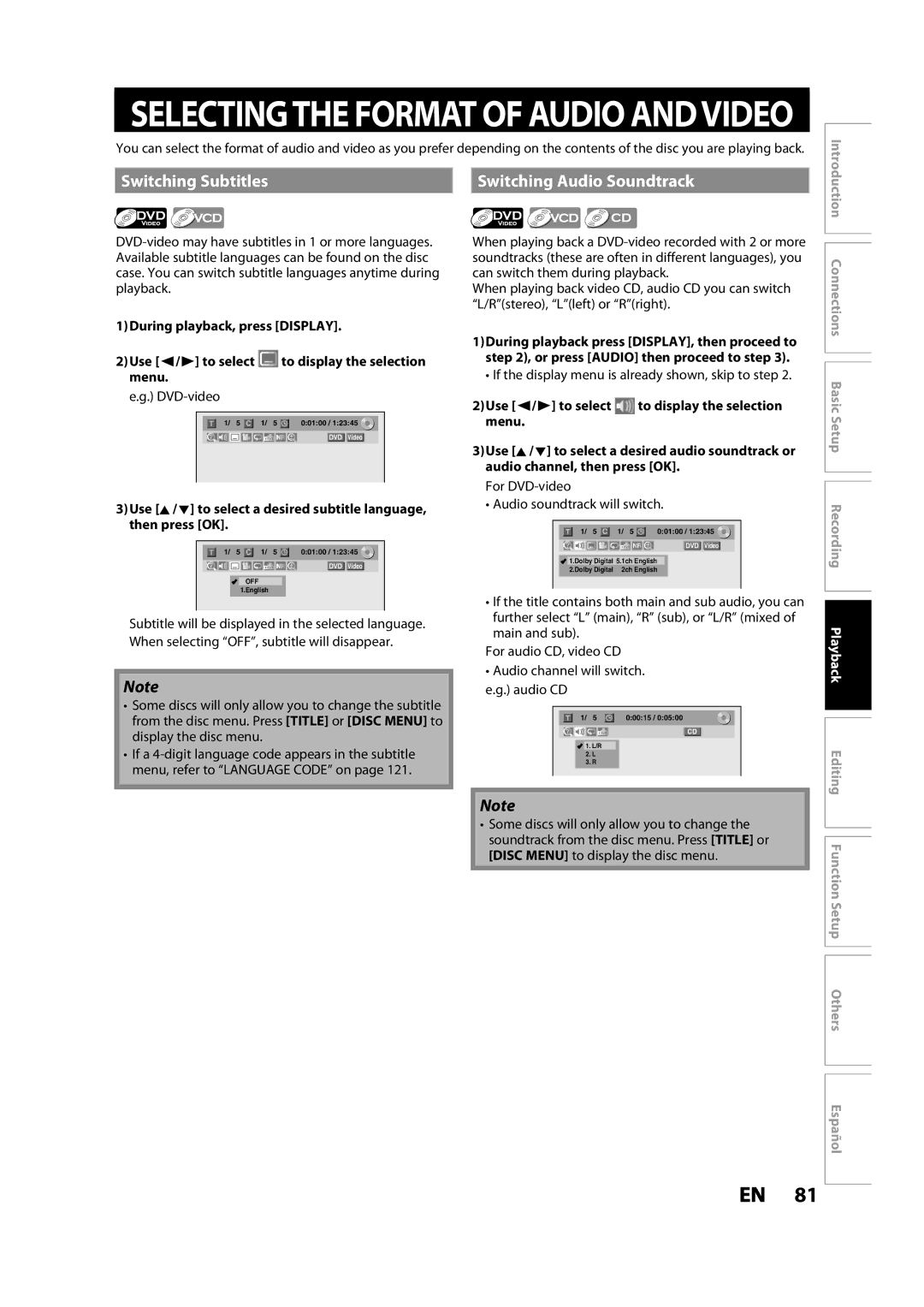 Magnavox MDR533H owner manual Switching Subtitles Switching Audio Soundtrack, For DVD-video Audio soundtrack will switch 