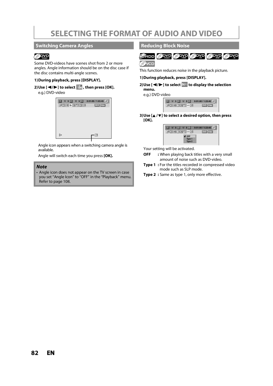 Magnavox MDR533H owner manual Selecting the Format of Audio and Video, Switching Camera Angles Reducing Block Noise 