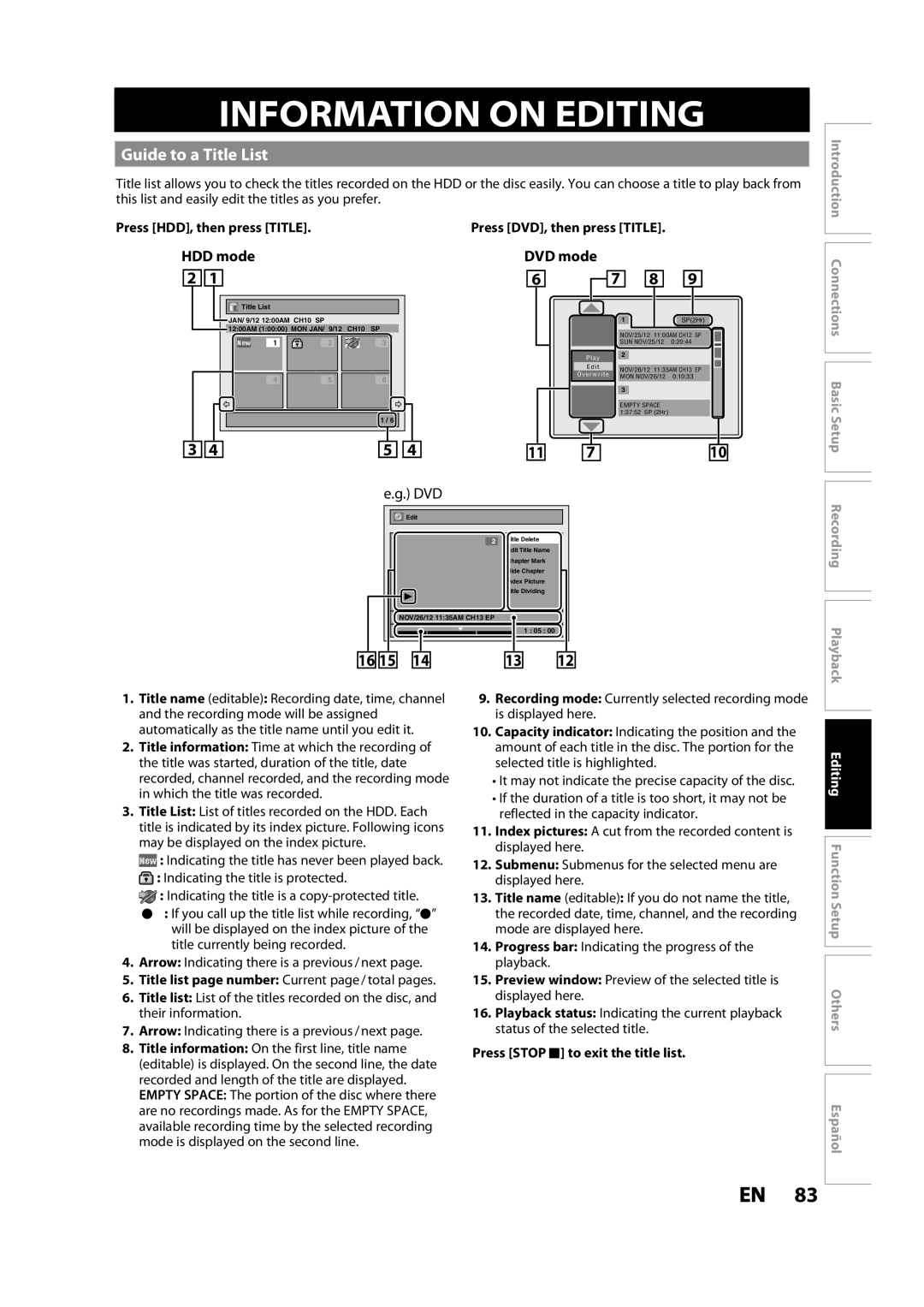 Magnavox MDR533H owner manual Information on Editing, Guide to a Title List, HDD mode 2, DVD mode 