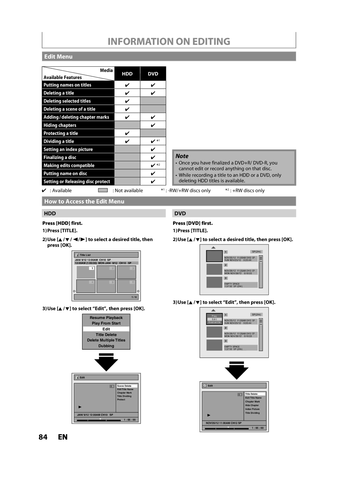 Magnavox MDR533H owner manual Information on Editing, How to Access the Edit Menu, Putting name on disc 