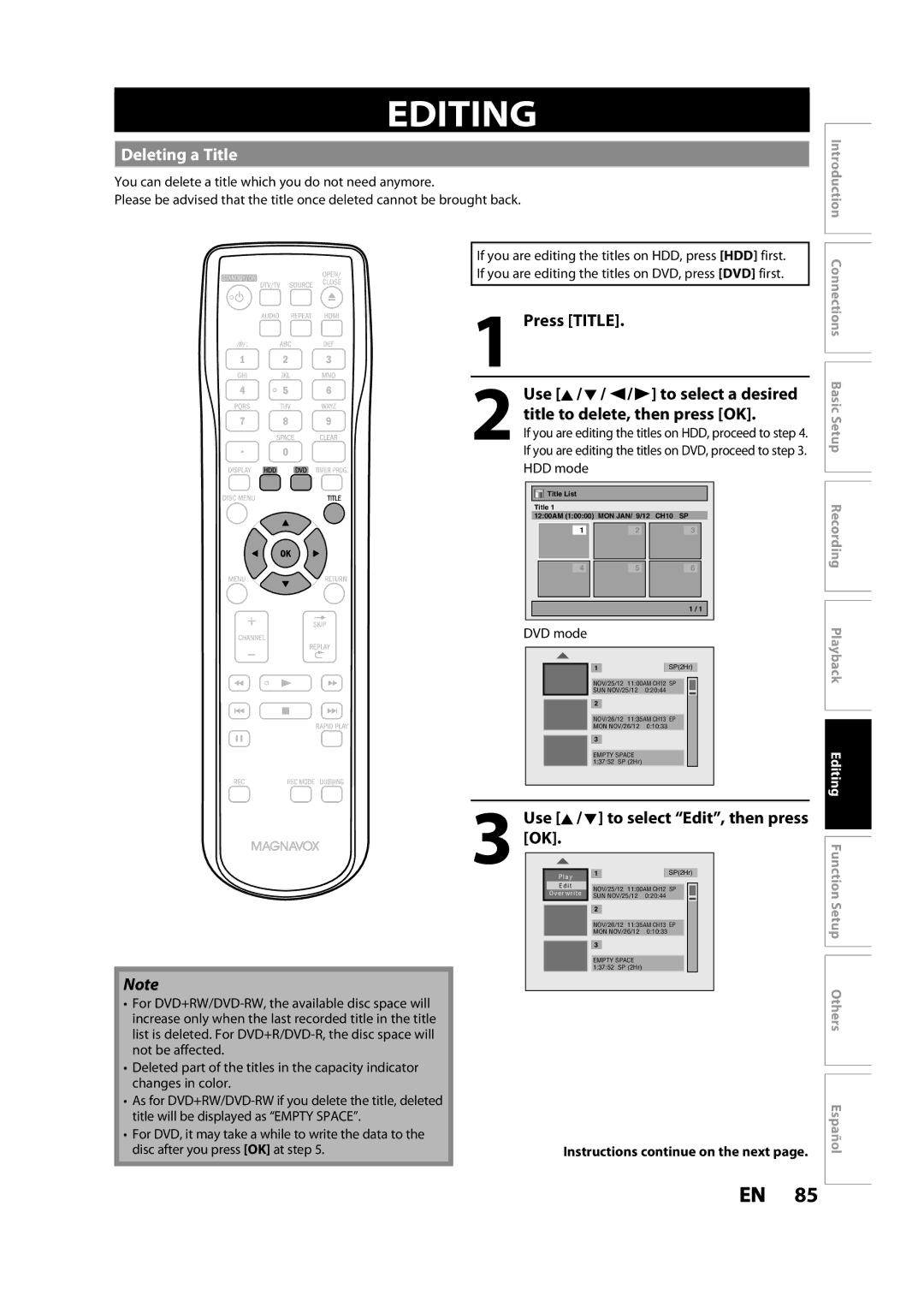 Magnavox MDR533H owner manual Editing, Deleting a Title, Press Title Use K / L / / B to select a desired, DVD mode 