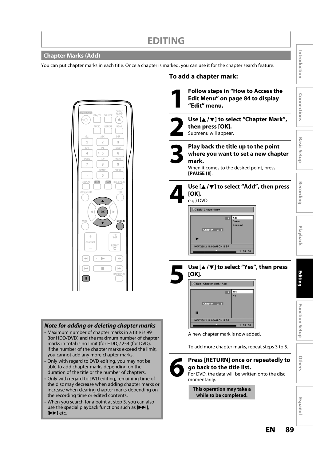 Magnavox MDR533H owner manual Chapter Marks Add, Use K / L to select Chapter Mark, Use K / L to select Add, then press, Dvd 