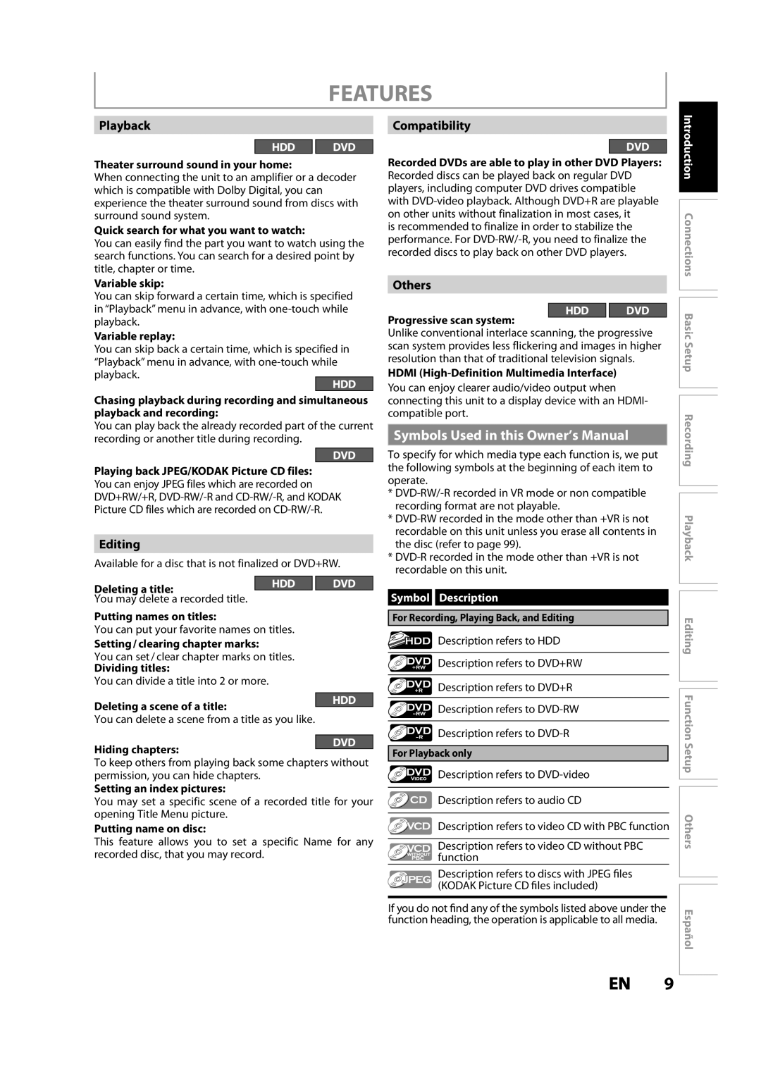 Magnavox MDR533H owner manual Features, Playback, Editing, Compatibility, Others 